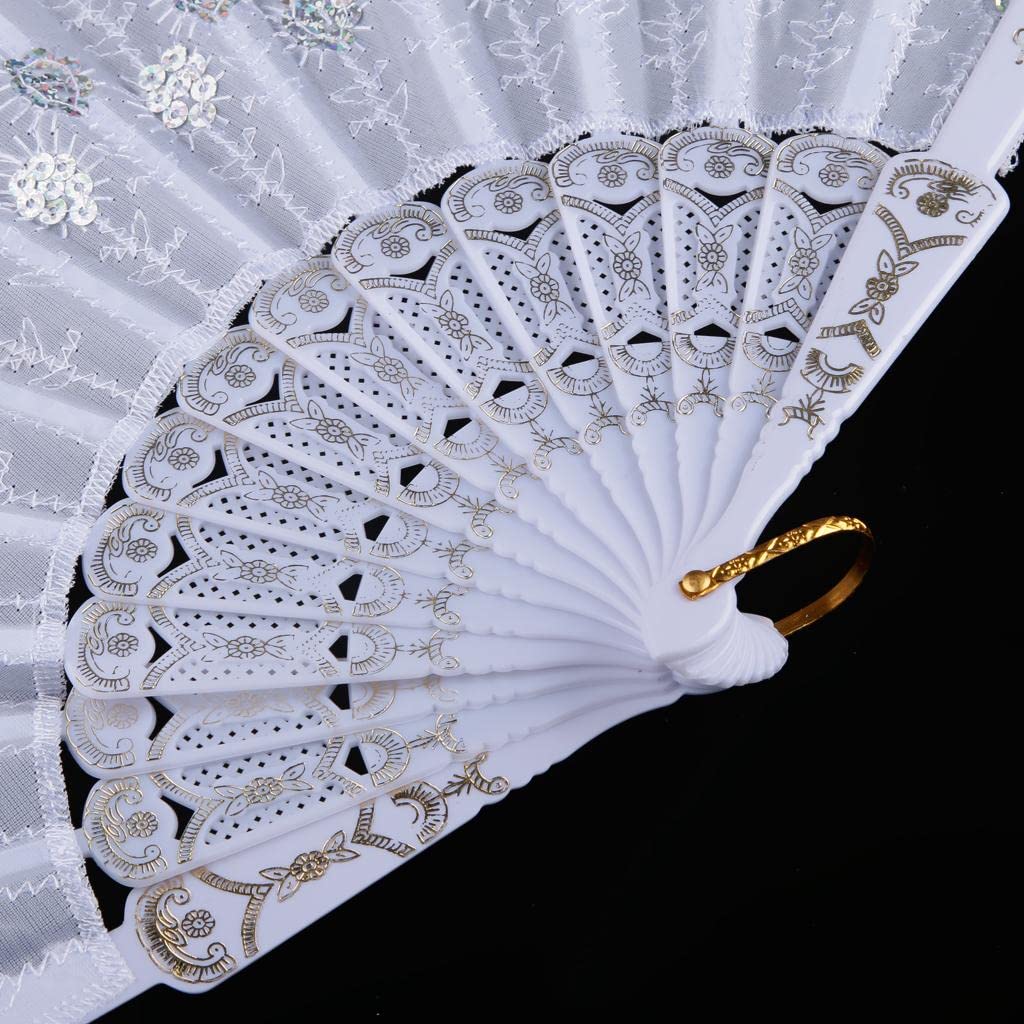 Handheld Oriental Embroidery Fan with Sequins - Foldable Plastic Fan for Women, Wedding, Party & Home Decor - Elegant White Chinese Style Fan for Cooling, Dance Performances & Asian-Themed Events