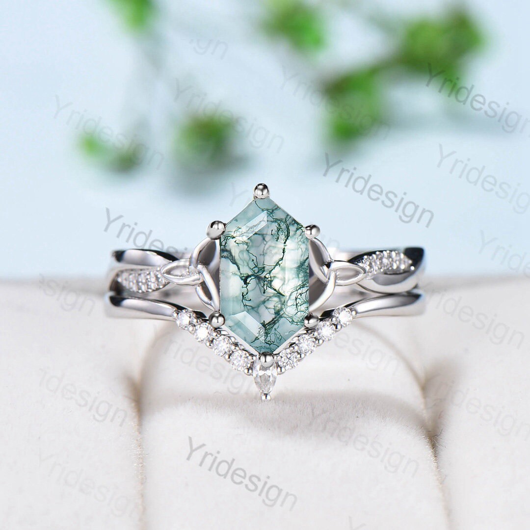 Viking Moss Agate Engagement Ring Set with Moissanite & Diamond Band – Hexagon Norse Wedding Ring for Women – Perfect for Viking-Themed Weddings & Anniversary Gifts