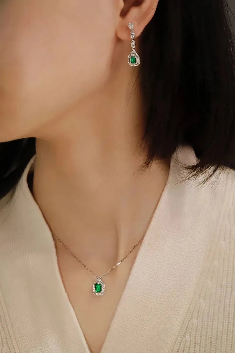 18K White Gold Diamond & Natural Emerald Necklace & Earrings Set for Women - Luxury Elegant Jewelry for Parties, Weddings & Special Occasions