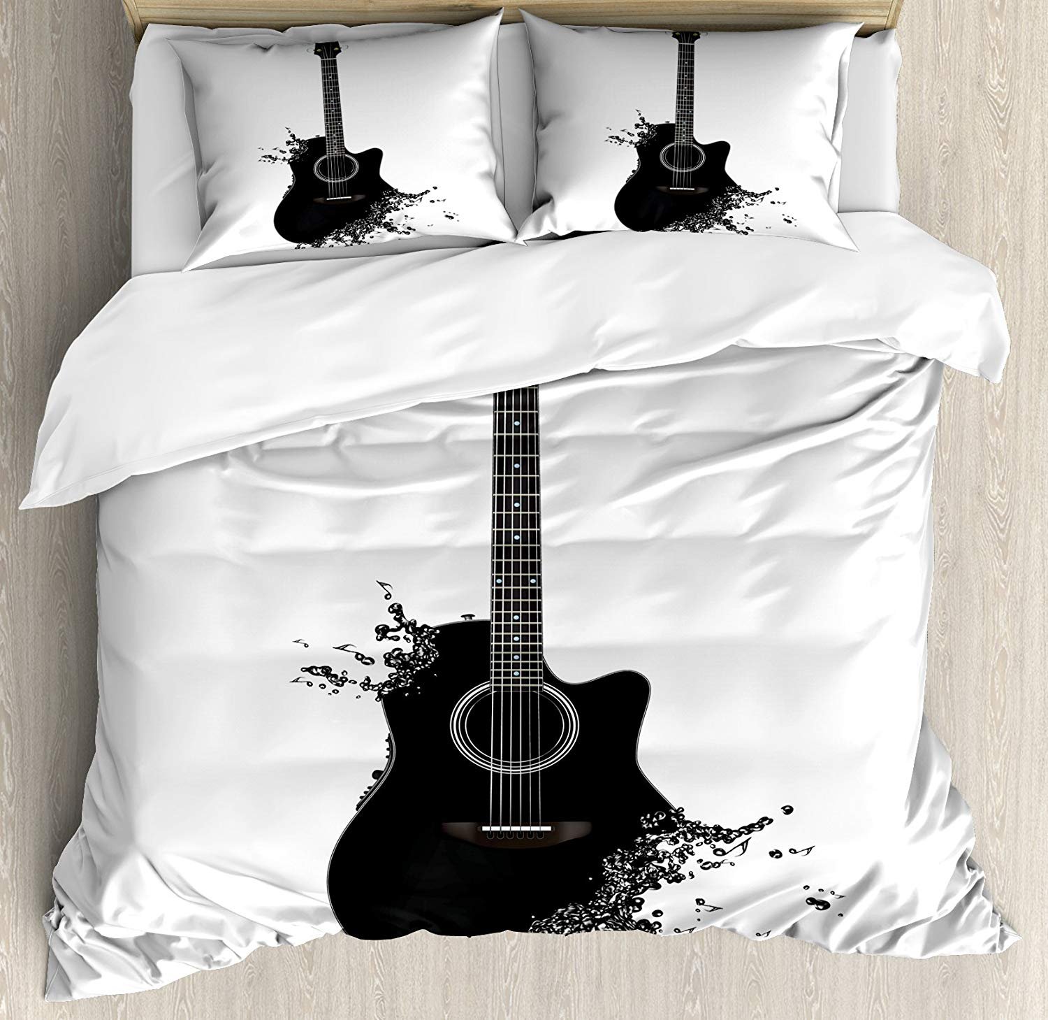 3 Piece Full Size Guitar Printed Duvet Cover Set with 2 Pillow Shams - Ultra Soft Musical Instrument Bedding with Zipper Closure, Monochrome Acoustic Design & Color Splashes - Perfect for Teen Bedrooms, Music Lover Gifts & Creative Home Decor