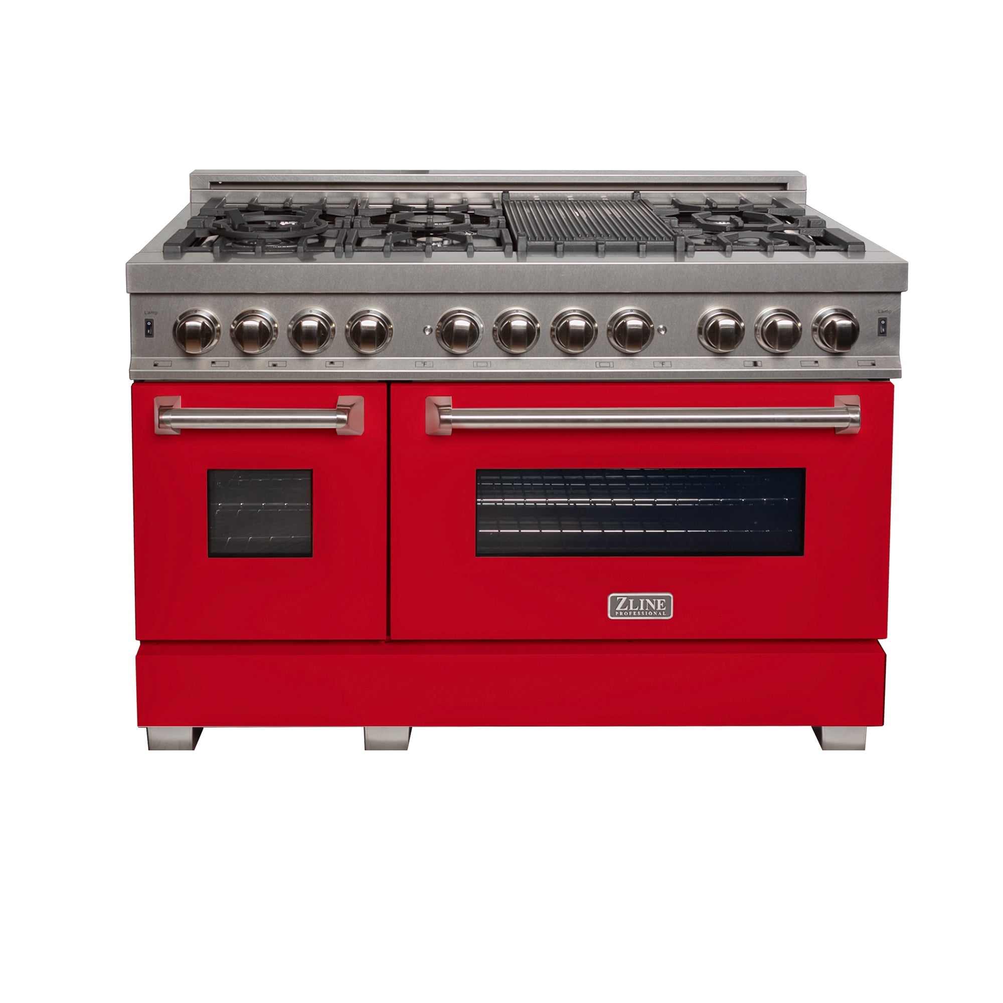 ZLINE 48-Inch 6.0 cu. ft. Dual Fuel Range with 7-Burner Gas Cooktop & 2 Electric Ovens - Satin Stainless Steel with Red Matte Doors (RAS RM 48) - Ideal for Professional Home Kitchens and Gourmet Cooking