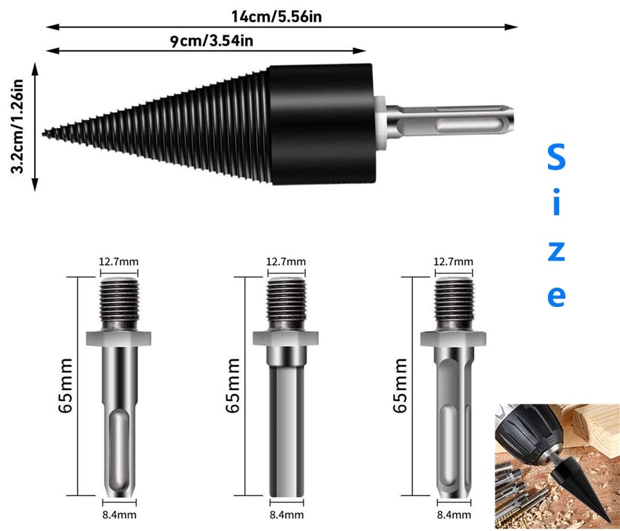 4 Pcs Heavy Duty Wood Splitter Drill Bit Set - Screw Cones Kindling Splitter for Firewood Log Splitting - Removable Drill Screw Cone Driver with Round/Hex/Square Shank (32mm) - Perfect for Camping, Fireplace & Outdoor Wood Cutting