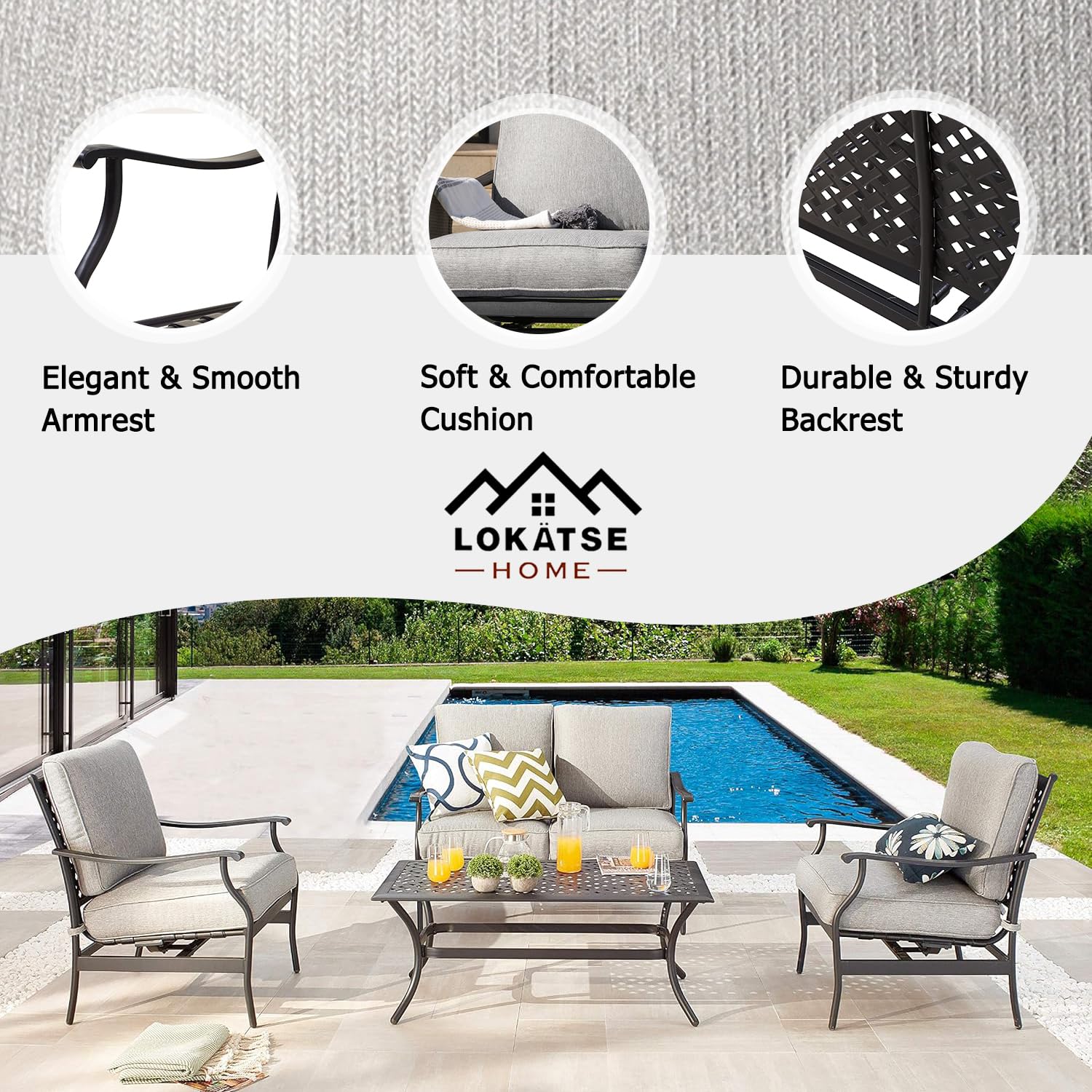 LOKATSE HOME 4-Piece Outdoor Loveseat Set with Cushions & Coffee Table - Patio Conversation Furniture, Metal Armchair for Garden, Backyard, Poolside (Grey)