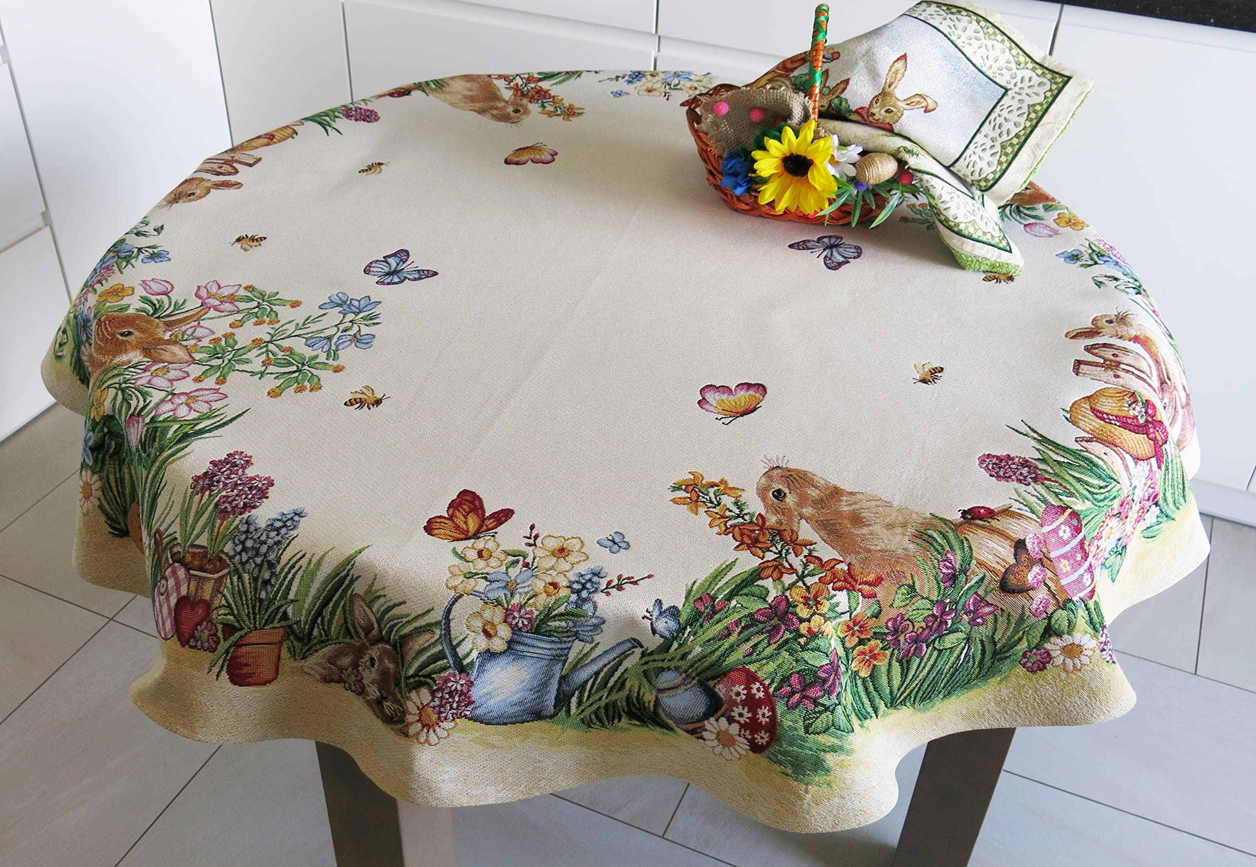 Easter Round Tablecloth 54 Inch - Floral Bunny Egg Design Fabric Table Cover for Holiday Dining, Party Decor, Spring Celebration