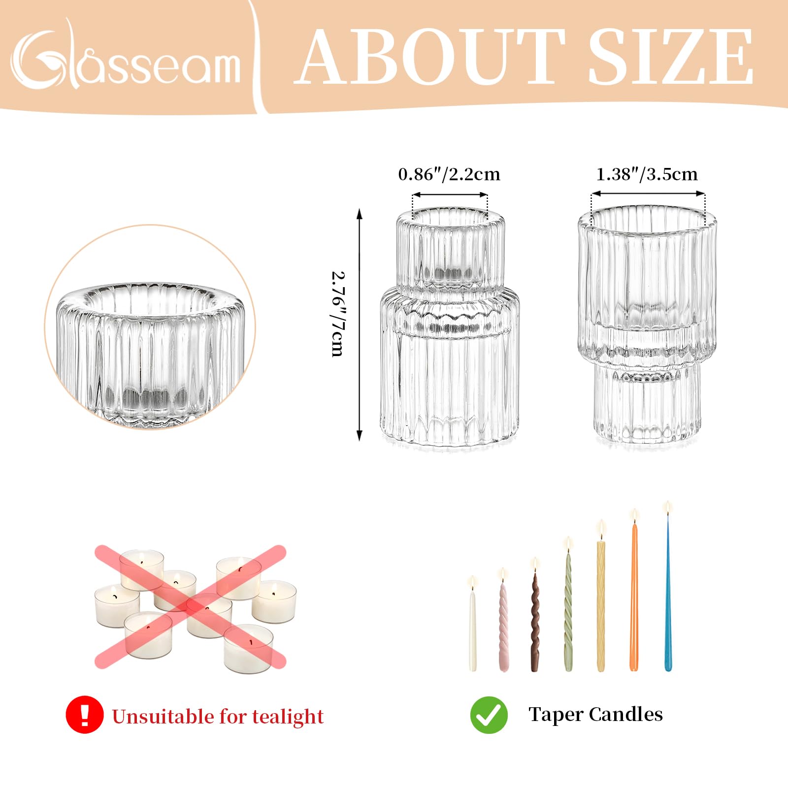 Glasseam Clear Glass Candle Stick Holders Set of 10 - Modern Ribbed Taper Candle Holders for Dining Table Centerpiece, Wedding Decor, Romantic Dinner Ambiance & Home Decoration