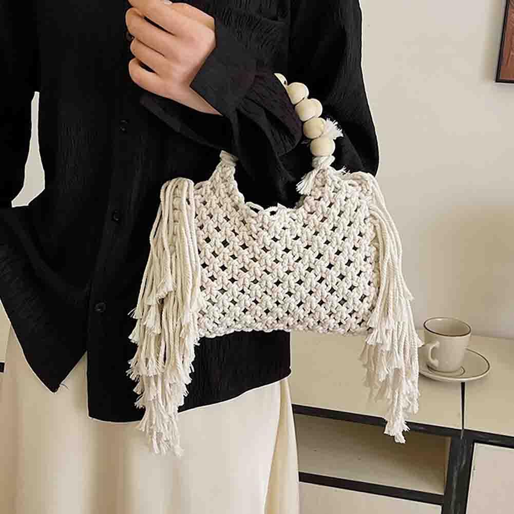 Handwoven Cotton Rope Tassel Beach Bag with Wooden Beads - Bohemian Crochet Straw Tote Purse for Women | Perfect for Summer Vacations, Beach Trips, and Boho Fashion Accessories