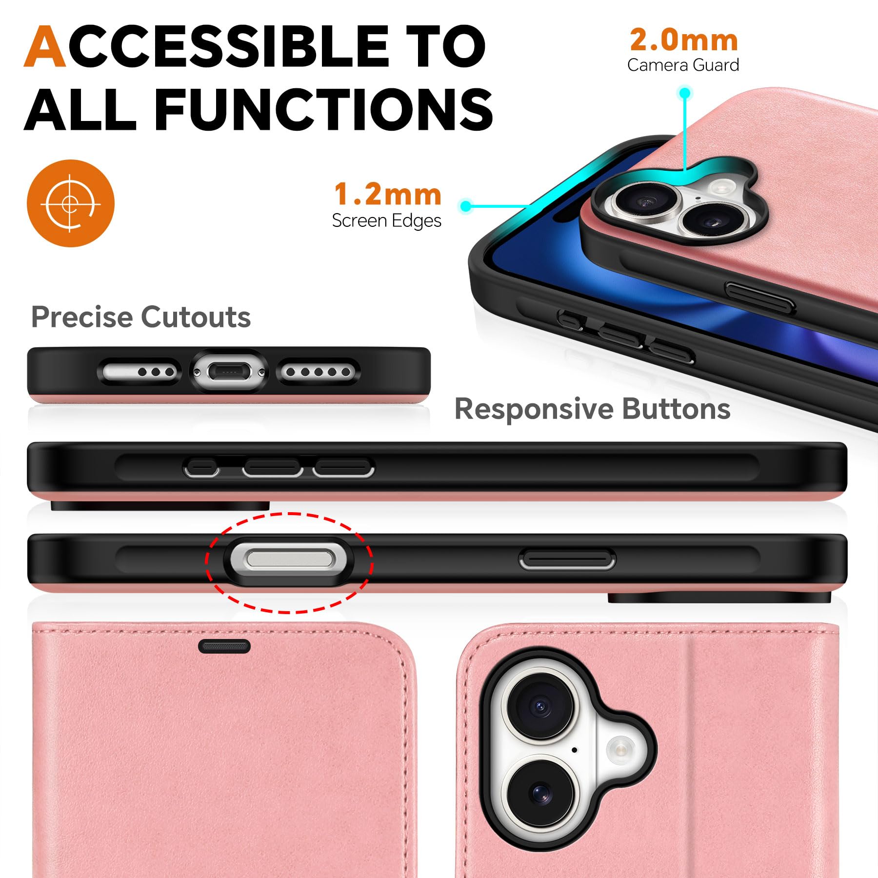 Premium TUCCH 2-in-1 Magnetic Wallet Case for iPhone 16 - Detachable PU Leather Folio with Wireless Charging, RFID Blocking & 4 Card Slots (Rose Gold) | Perfect for Work, Travel & Everyday Protection