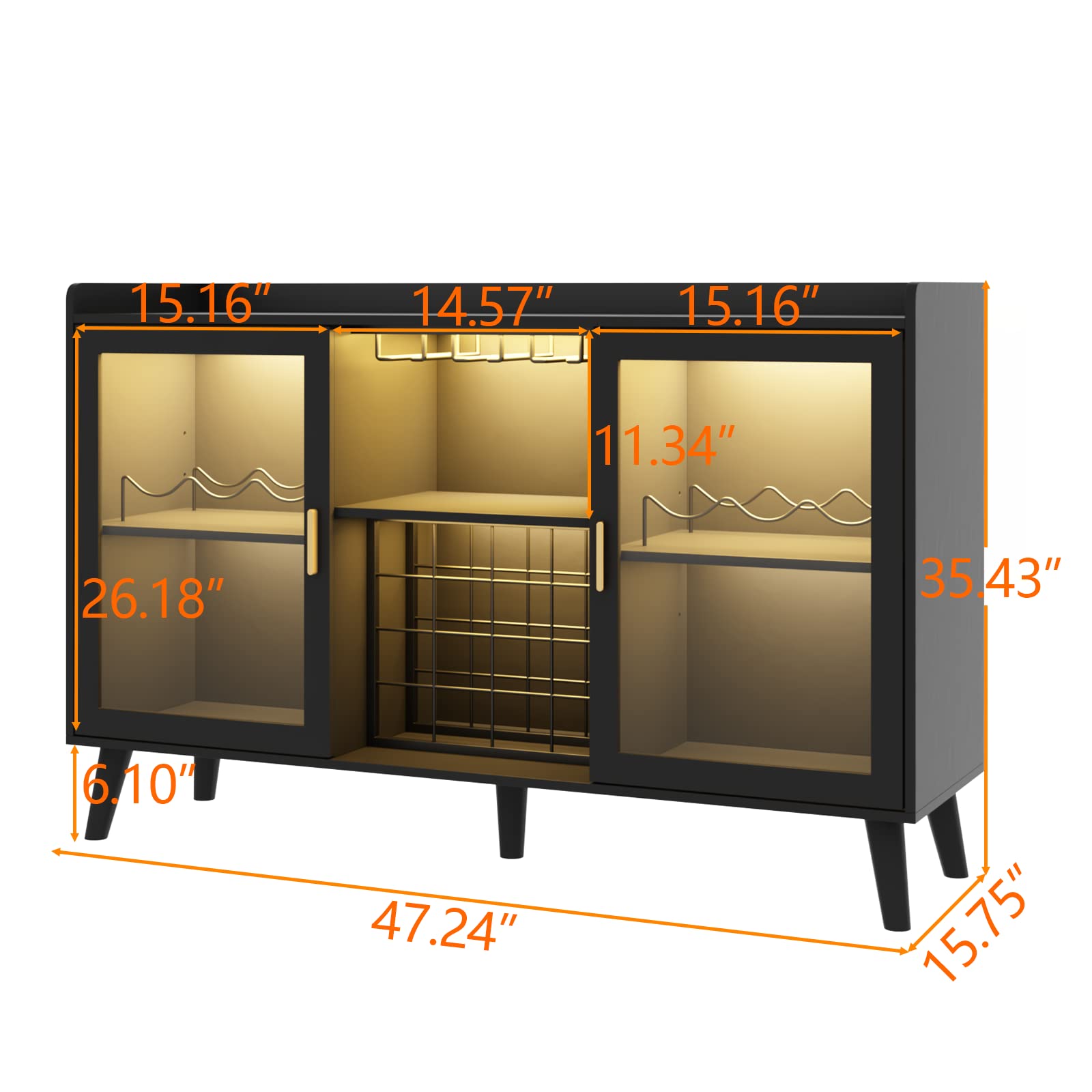 Modern Wine Bar Cabinet with LED Lights - Freestanding Kitchen Sideboard Buffet with Wine Rack, Glass Holder & Storage Shelf - Black Glass Door Liquor Cabinet for Dining Room, Living Room & Home Bar Decor