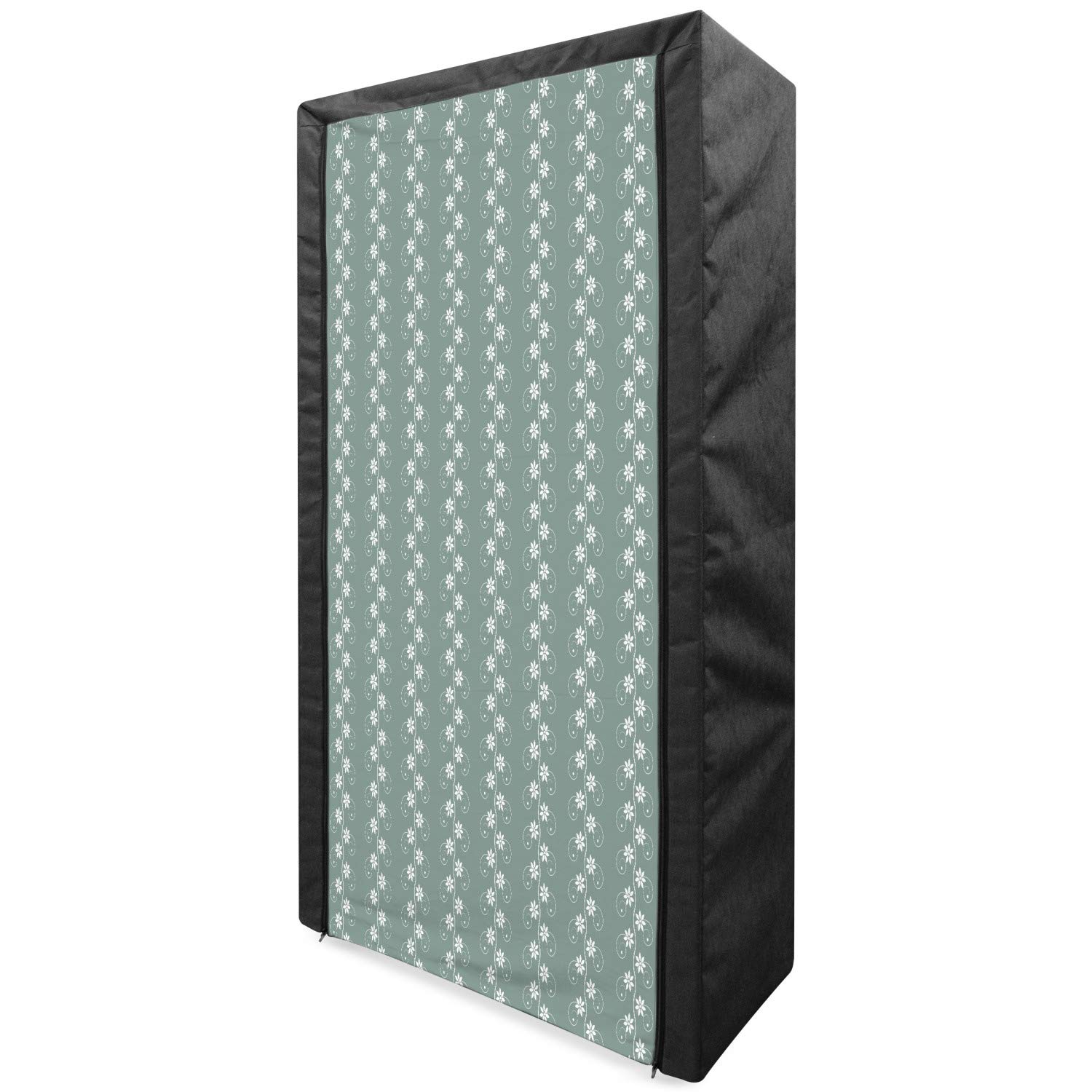 Ambesonne Spring Portable Fabric Wardrobe - Vintage Floral Rococo Lace Pattern Clothing Organizer with Shelves, 33.5 Inch, Pale Sage Green & White | Perfect for Bedroom Closet Storage, Guest Room Organization, and Seasonal Clothing Rotation