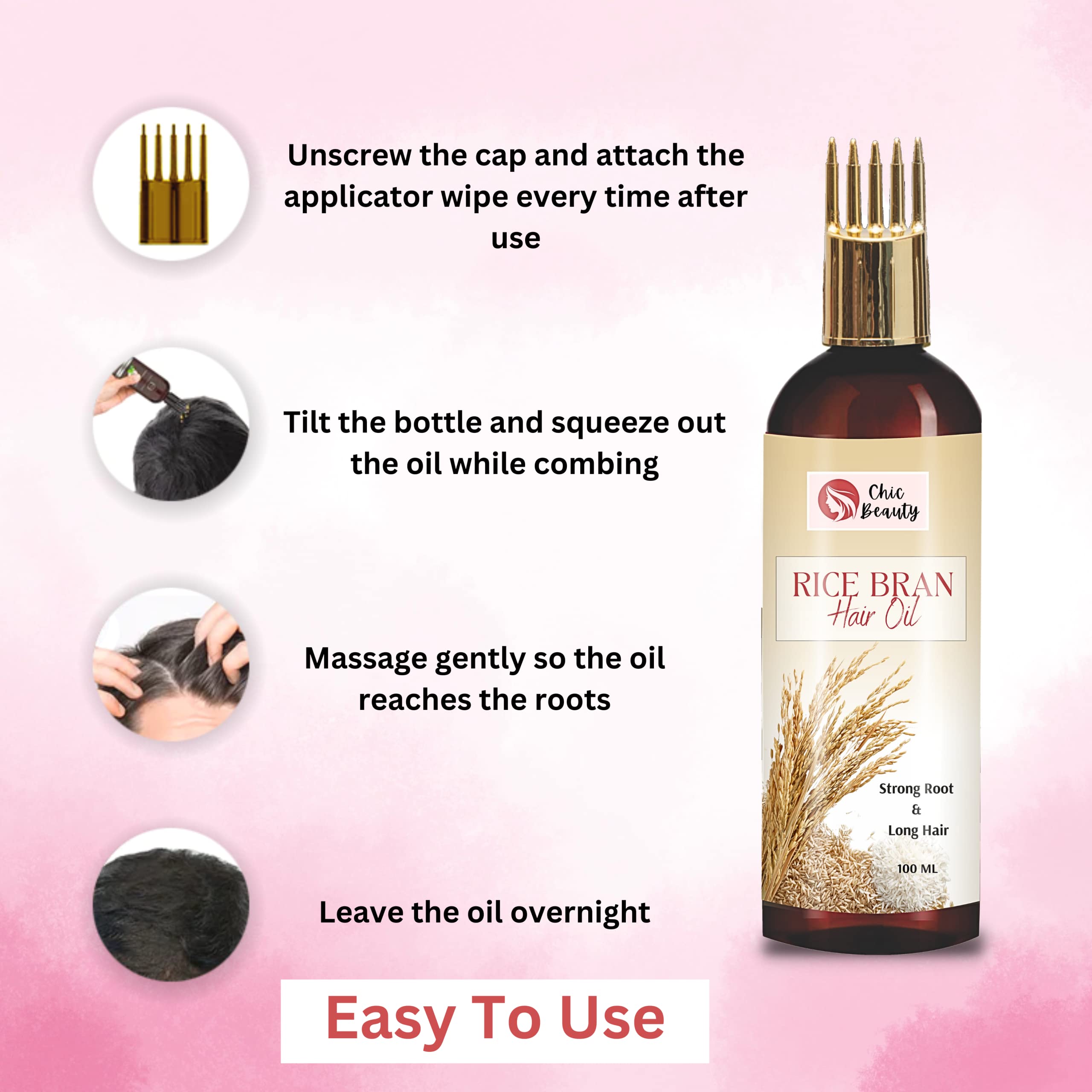 Premium Rice Bran Hair Oil with Comb Applicator - 100ml for Men & Women | Promotes Hair Growth, Reduces Hair Fall & Nourishes Scalp | Perfect for Daily Hair Care & Styling