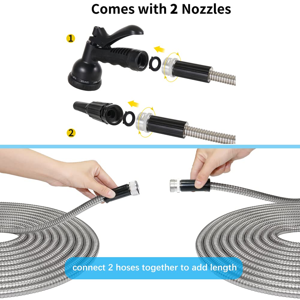 50FT Heavy Duty Flexible Stainless Steel Garden Hose - Durable Metal Water Hose with 2 Spray Nozzles, Kink-Free & Easy to Store - Perfect for Lawn Care, Car Washing, and Outdoor Watering Tasks