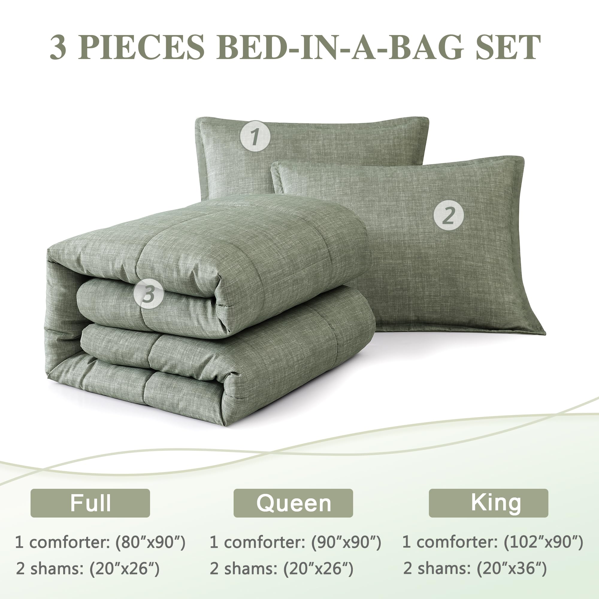Monbix King Size Comforter Set - Ultra Soft 3-Piece All Seasons Bedding Set with 1 Comforter & 2 Pillow Shams (Sage Green, King 102x90) - Perfect for Master Bedroom, Guest Room & Cozy Home Decor