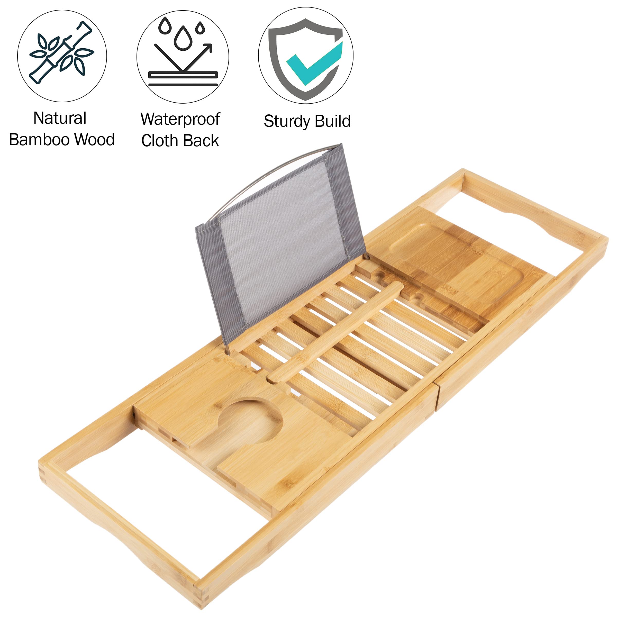 Expandable Bamboo Bathtub Tray Set of 2 - Natural Wood Bath Caddy with Cup Holder & Book/Phone/Tablet Stand | Perfect for Relaxing Baths, Spa Days & Reading in the Tub