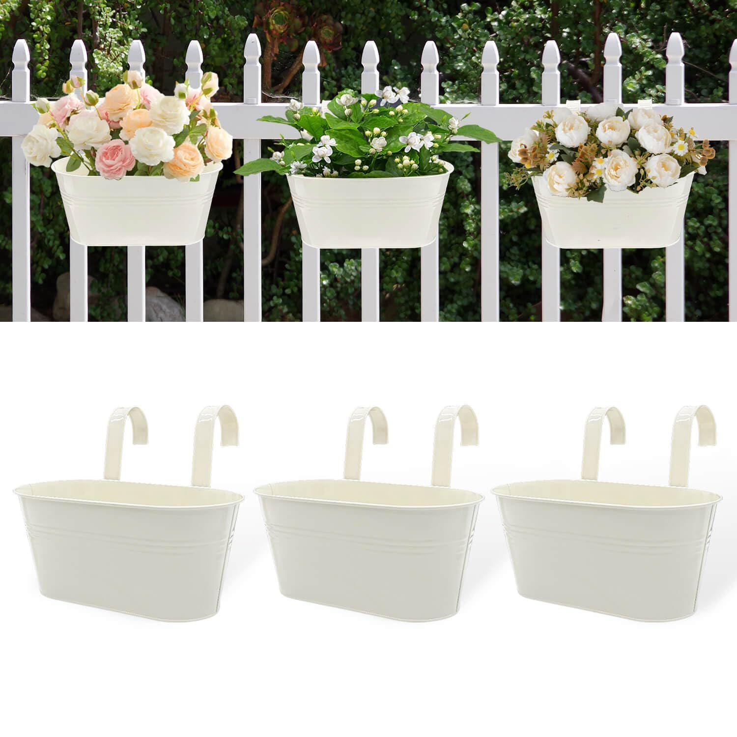 Vensovo 3 Pack Metal Railing Planter Box for Outdoor Plants - White Oval Hanging Flower Pots with Detachable Hooks & Drain Holes - Perfect for Balcony, Garden Fence, Deck & Patio Decor