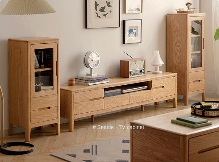 Solid Oak Wood Side Cabinet for Robot Vacuum Storage - Modern Rock Slab Design - Perfect for Living Room, Bedroom, or Home Office Organization