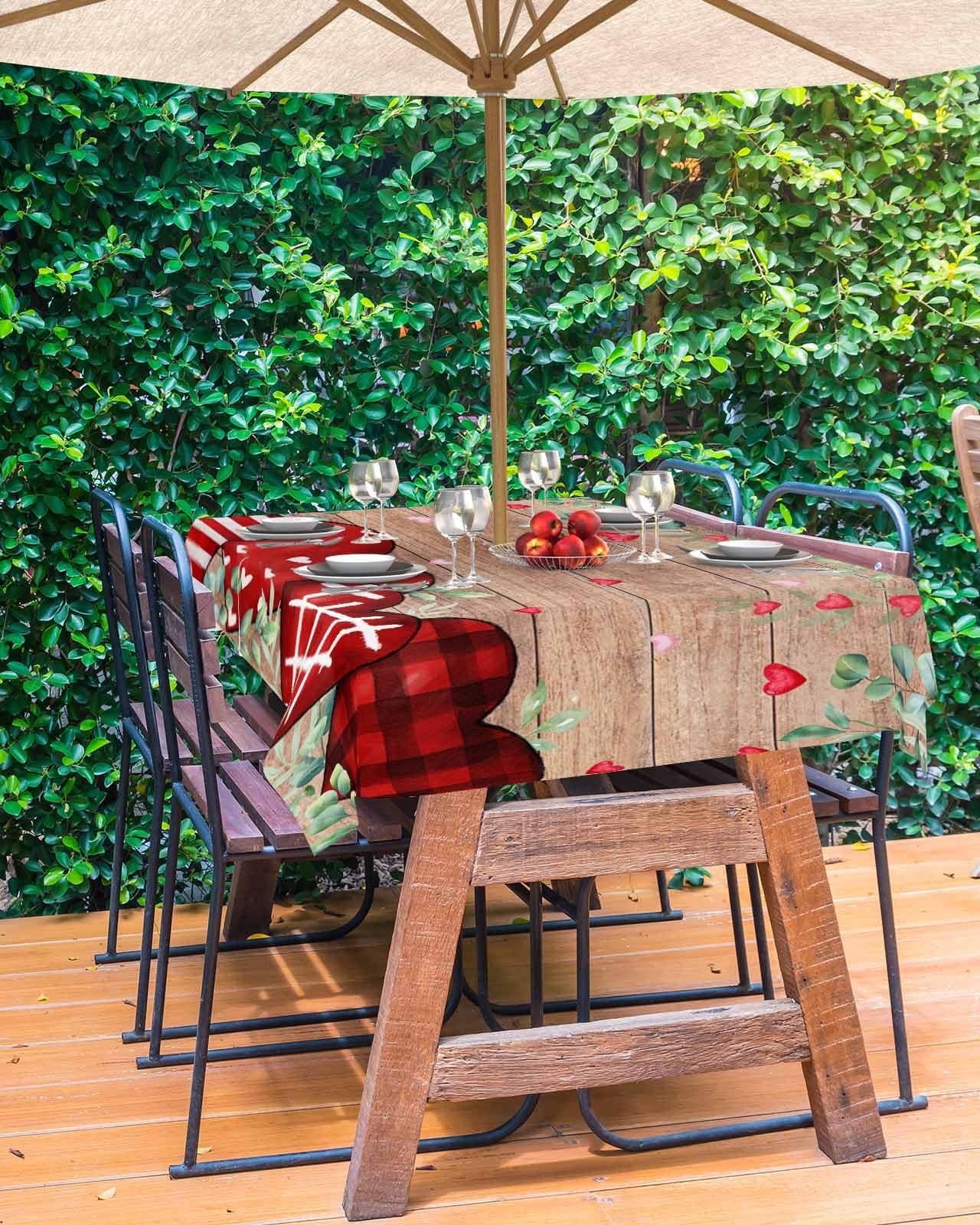 Valentine's Day Red Heart Tablecloth with Umbrella Hole & Zipper - Waterproof Spillproof Rectangular Table Cover for Outdoor Dining, Picnic, Party & Patio - Wood Grain Texture Design