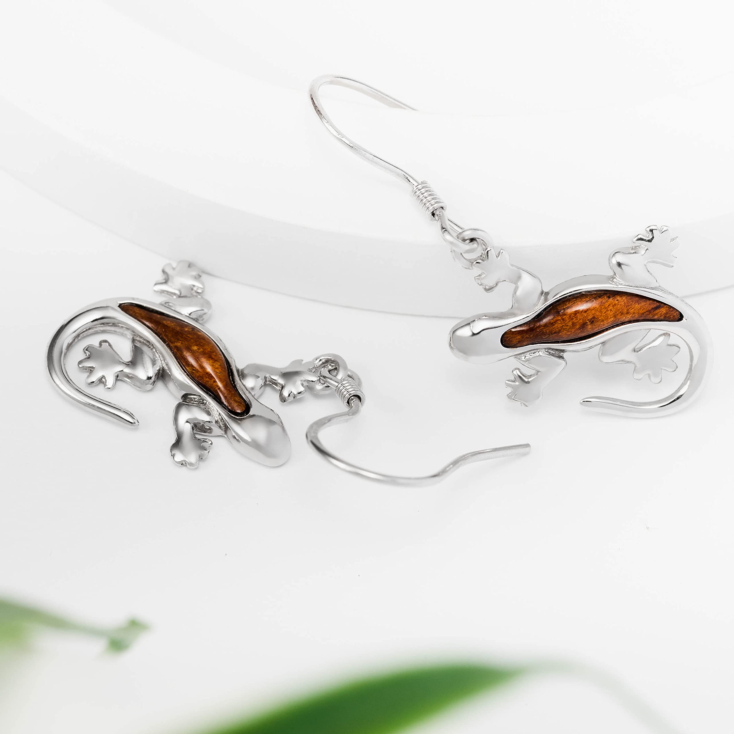 Sterling Silver Koa Wood Lizard Gecko Hook Earrings for Women - Handmade Hawaiian Style Dangle Earrings for Casual Wear, Beach Parties & Boho Fashion