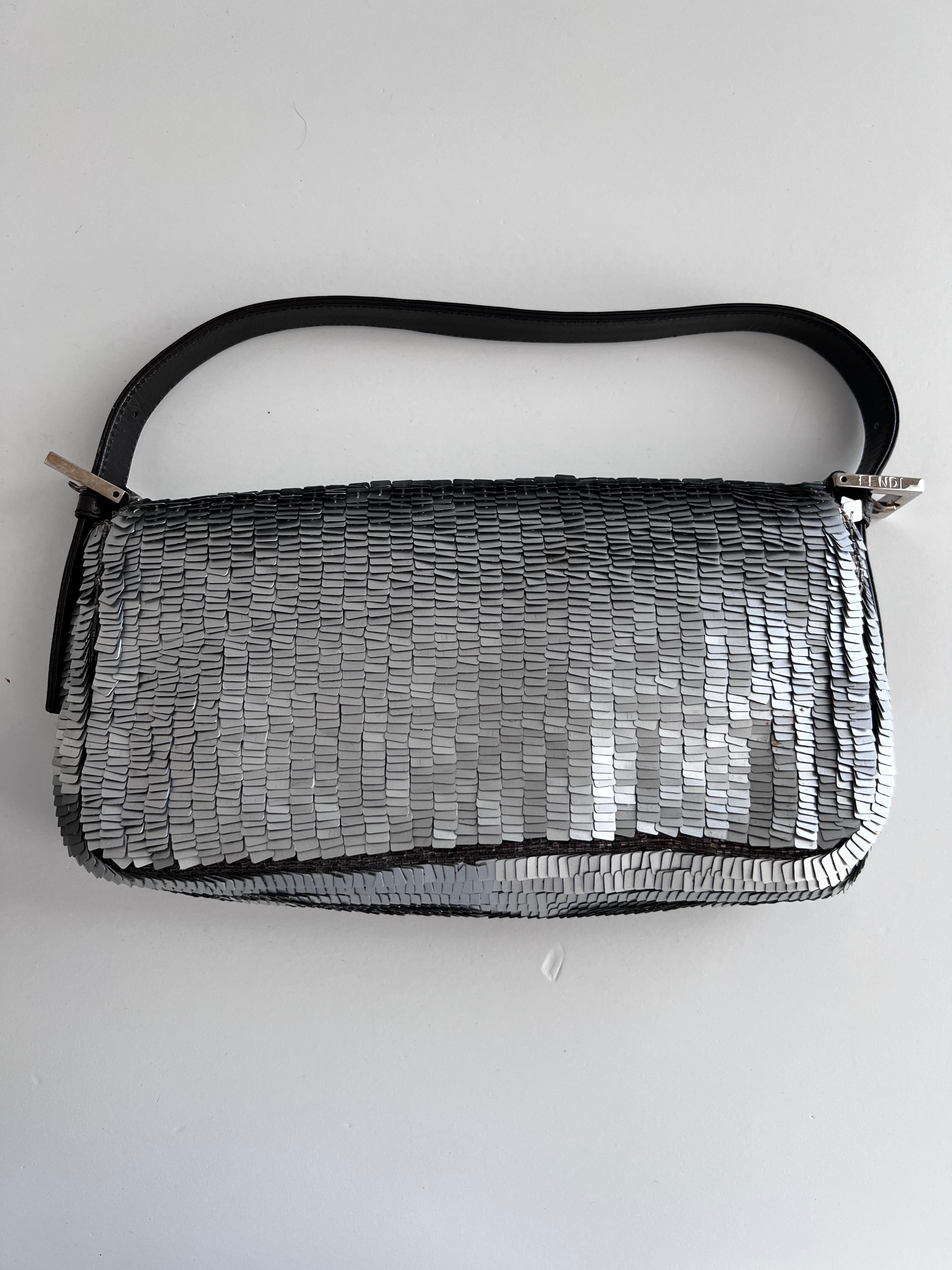 Vintage Fendi Silver Sequin Baguette Handbag - Luxury Designer Shoulder Bag for Women | Perfect for Evening Parties, Weddings & Special Occasions