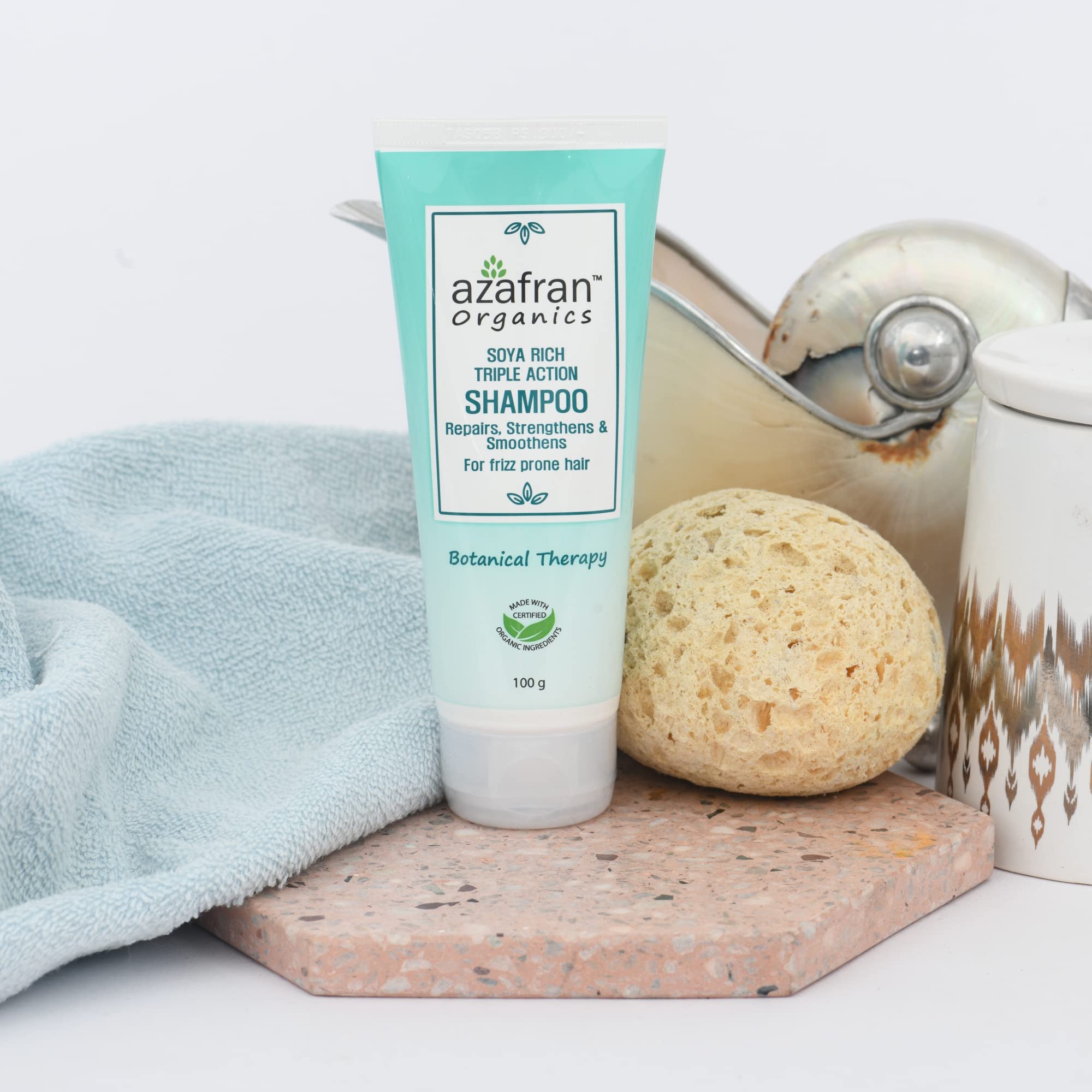 Azafran Organics Intense Moisturizing Shampoo for Frizz-Free Smooth Hair - Soya Rich Formula with Olive Butter, Soy Butter & Glycerin - Best for Dry, Rough & Frizz-Prone Hair - 100g - Perfect for Daily Hair Care & Salon-Quality Results at Home