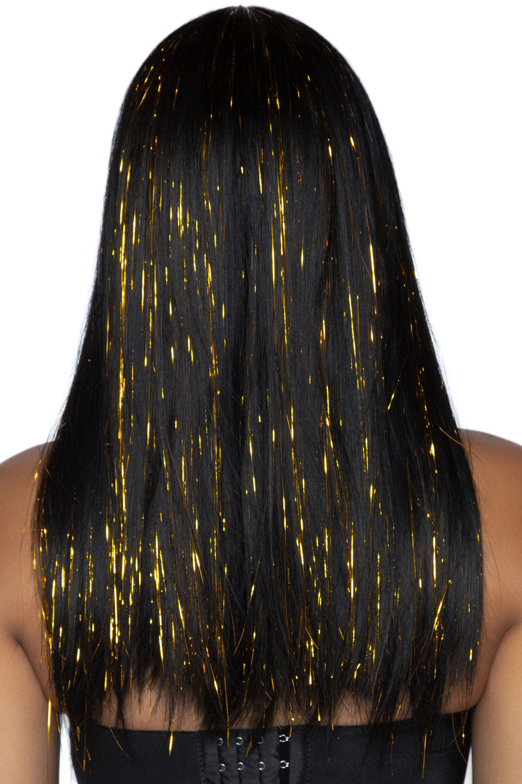 Long Black Wig with Gold Tinsel for Women - Glamorous Synthetic Hair Extensions for Cosplay, Halloween & Party Costumes | Perfect for Dressing Up, Themed Events & Fashion Styling