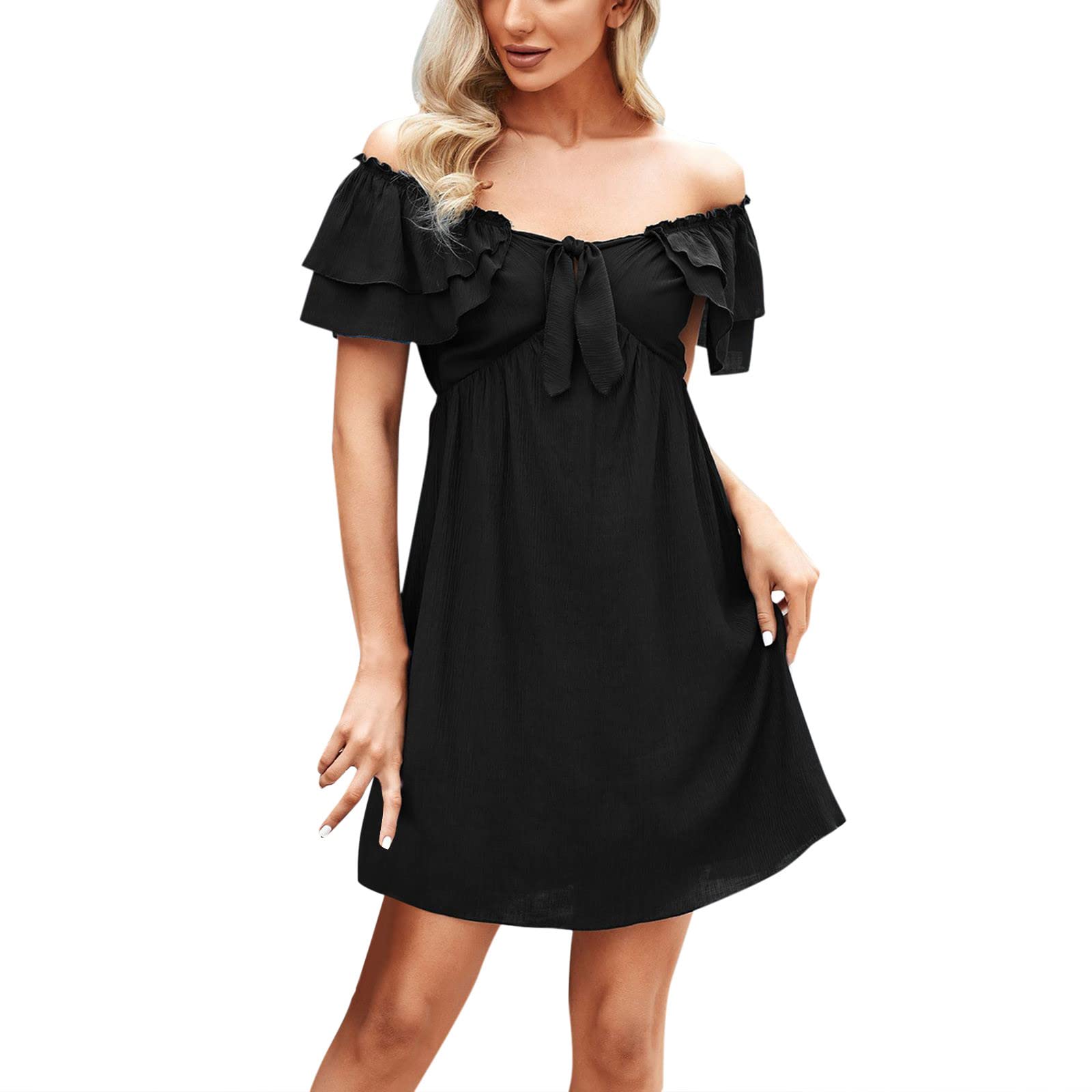 Women's Summer Off-Shoulder Ruffled Mini Dress - Solid Color A-Line Cute Spring Dress for Casual Outings, Beach Vacations & Date Nights