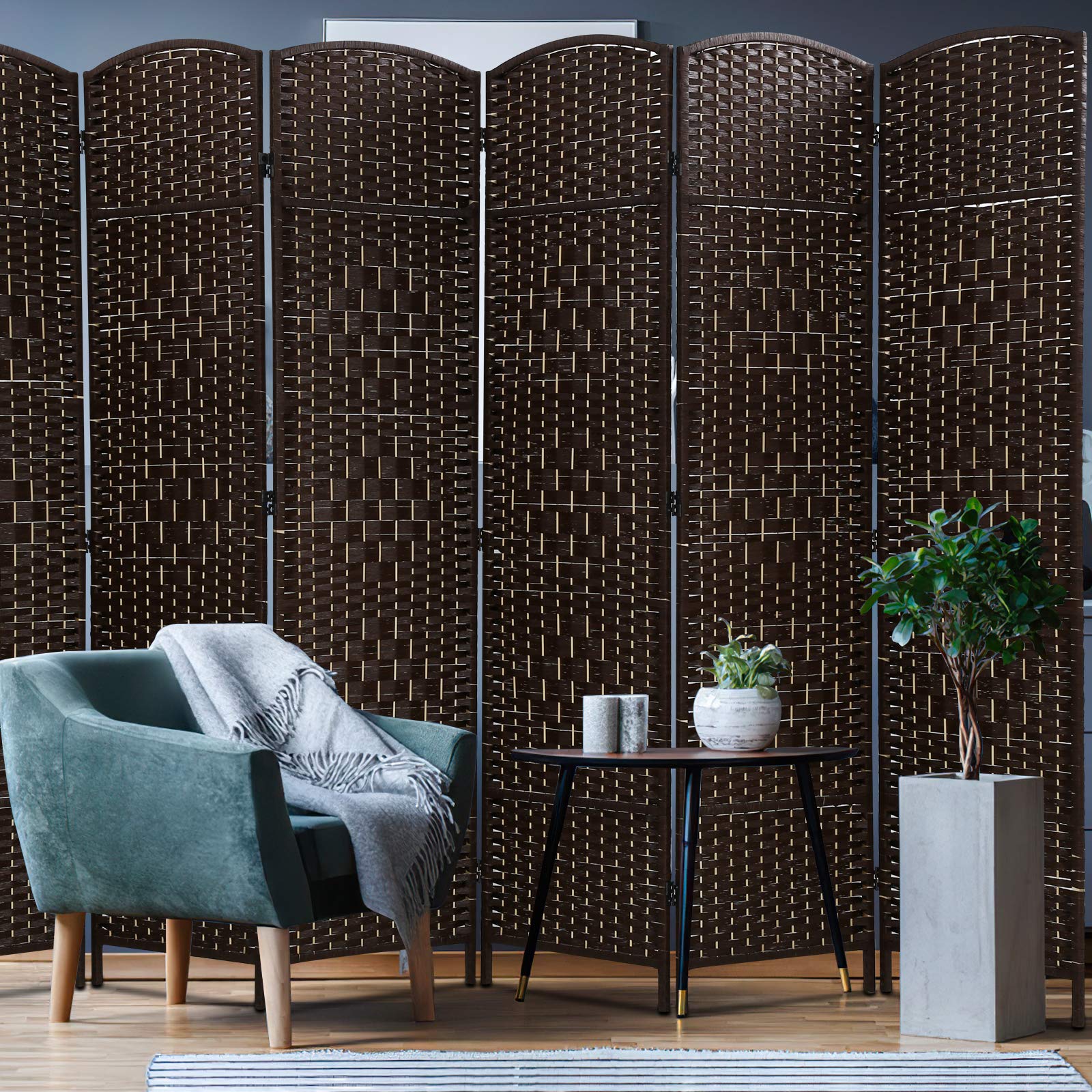 6 Panel Wooden Room Divider with Woven Fiber - Freestanding Folding Privacy Screen with Durable Metal Hinges for Living Room, Bedroom & Office - Brown Indoor Partition Wall Divider