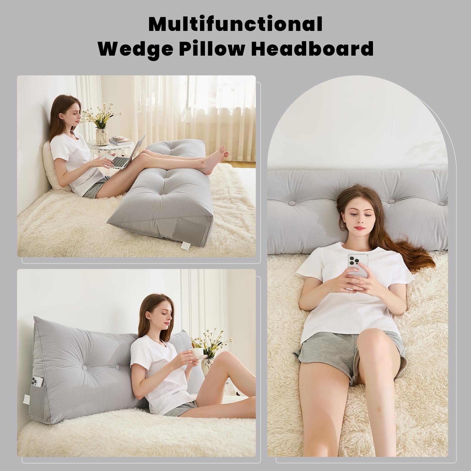 Triangular Wedge Pillow Headboard for Queen Bed - Soft Support for Reading & Resting - Removable Cover - Chalk Grey (59