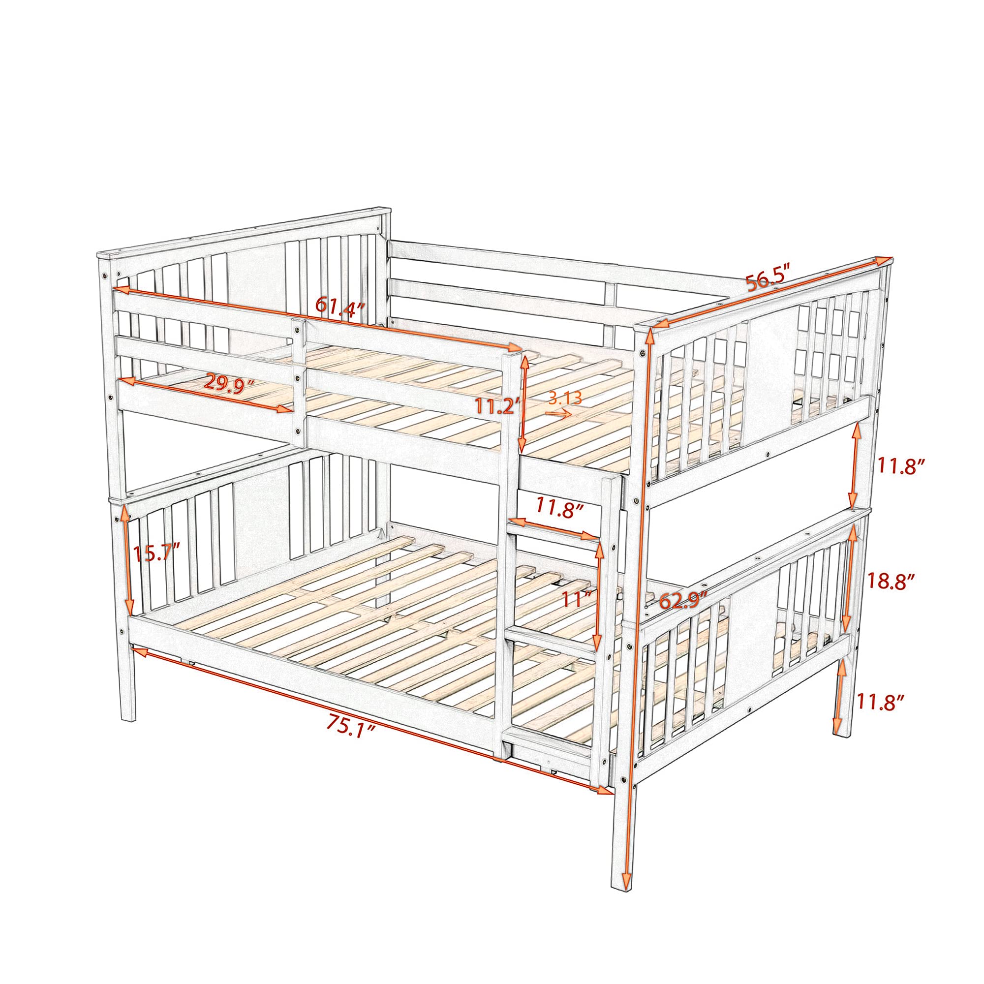P PURLOVE Modern Full Over Full Bunk Bed Frame with Ladder - Convertible to 2 Twin Beds - Sturdy Wood Construction with Safety Rail - White - Perfect for Kids' Bedroom, Guest Room & Space-Saving Solutions