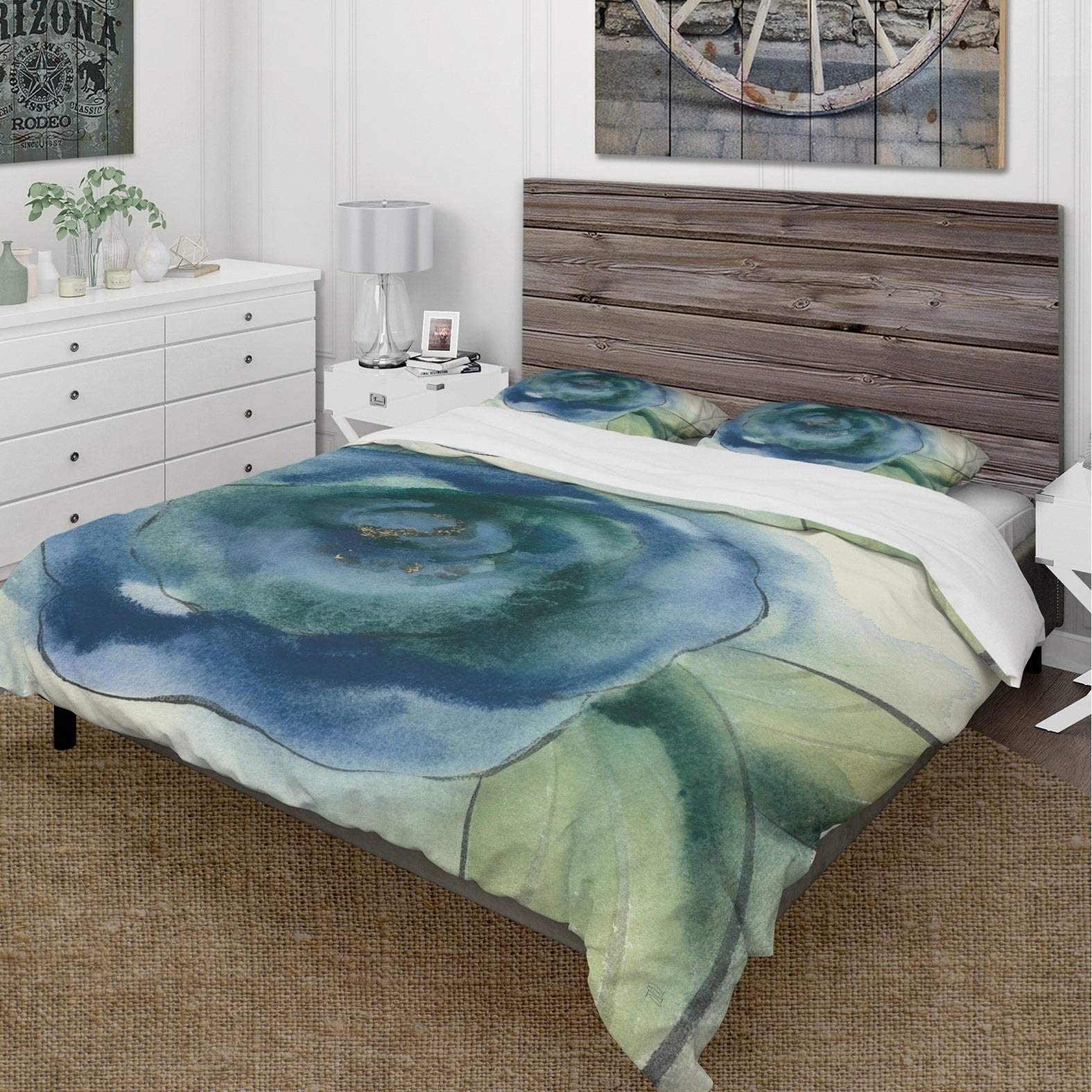 Designart 'Blue Floral Poppies I' Cottage Style King Size Bedding Set - 3 Piece Duvet Cover & 2 Shams (Comforter Not Included) | Floral Home Decor for Master Bedroom, Guest Room & Vacation House