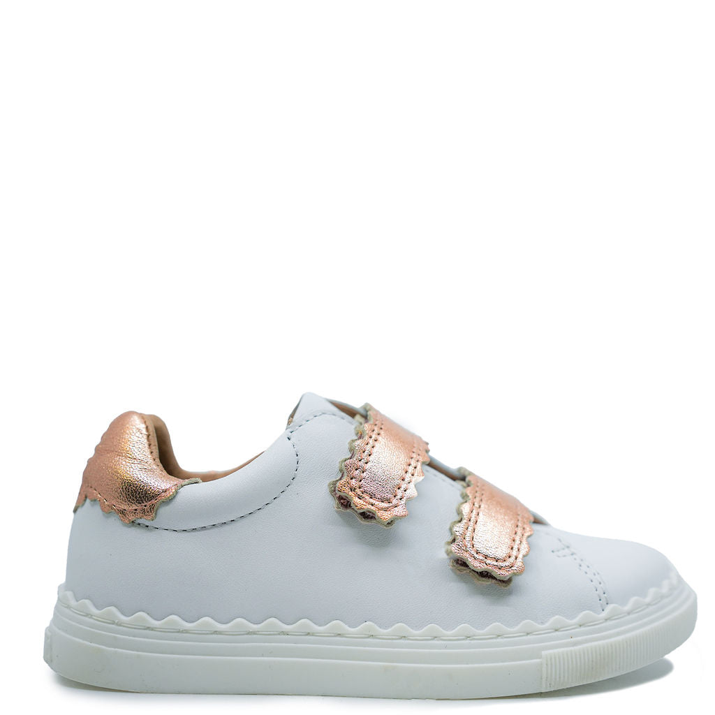 Porte White and Rose Gold Scalloped Velcro Sneakers for Women - Comfortable Casual Shoes for Walking, Running, and Everyday Wear