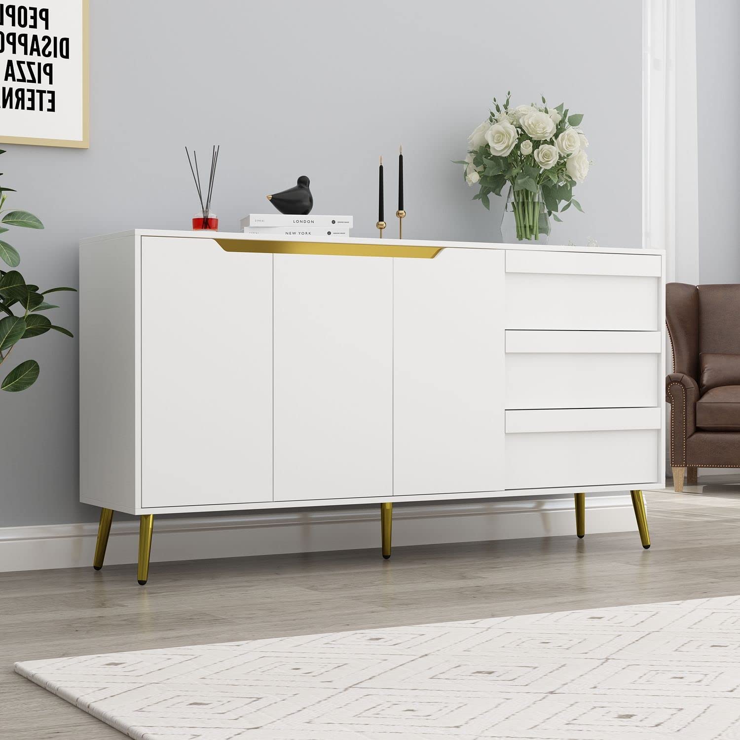 White and Gold Credenza with Drawers & Doors - 63