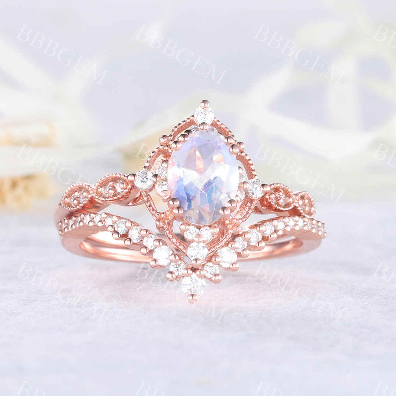 Antique Art Deco Moonstone Engagement Ring Set in Rose Gold - Oval Faceted Moonstone with Milgrain Detailing for Bridal & Wedding Jewelry | Perfect for Vintage-Inspired Proposals & Anniversary Gifts