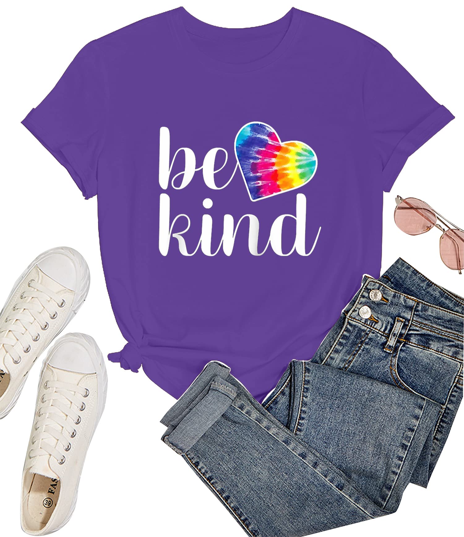 Be Kind T-Shirt for Women - Cute Rainbow Love Graphic Printed Short Sleeve Inspirational Teacher Tee | Perfect for Casual Wear, School, Work & Everyday Outfits