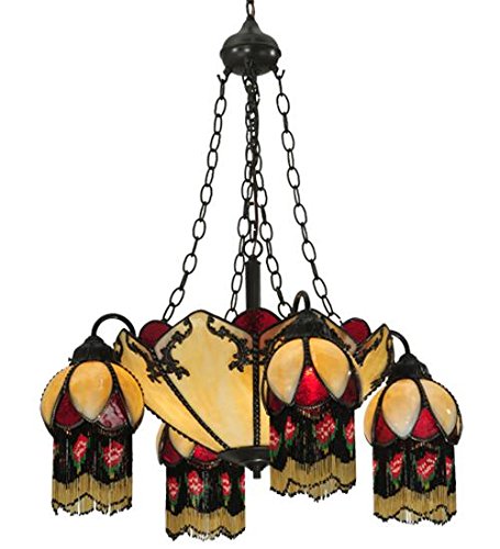 Meyda Tiffany 128352 Isabella 4-Arm Chandelier Light Fixture - 29 Inch Wide Stained Glass Ceiling Pendant for Dining Room, Bedroom & Living Room Decor