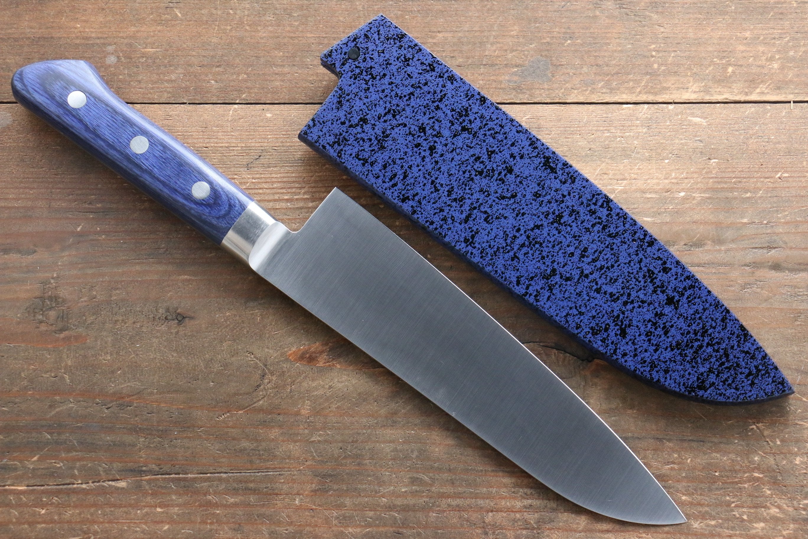 Seisuke Seiten Molybdenum Santoku Knife 180mm - Japanese Chef Knife with Blue Pakkawood Handle & Protective Sheath - Perfect for Slicing, Dicing, and Chopping Vegetables, Meat, and Fish in Professional Kitchens