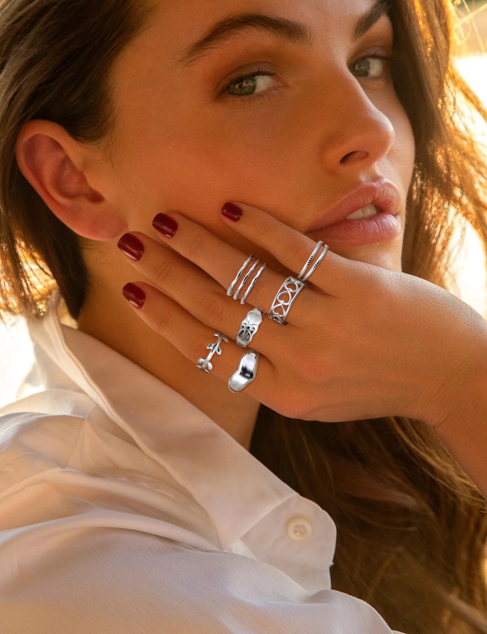 12Pcs Stainless Steel Stackable Rings for Women - Silver Aesthetic Adjustable Open Knuckle & Thumb Rings (Size 6-9) - Trendy Indie Jewelry for Everyday Wear, Layering & Boho Fashion
