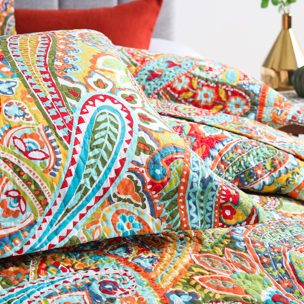 Autumn Dream Cotton Bedspread Quilt Set - 3 Piece Reversible Comforter Coverlet Set with Gorgeous Yellow Paisley Design, King Size - Perfect for Fall Bedroom Decor & Cozy Seasonal Home Styling