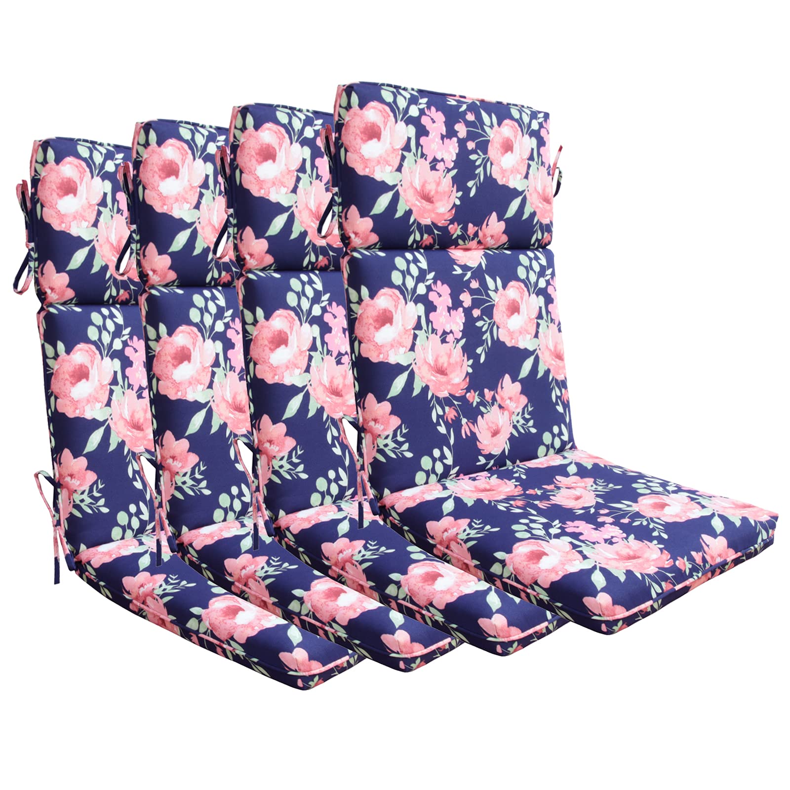 BOSSIMA High Back Chair Cushions Set of 4 - Indoor Outdoor Patio Seat Cushions with Pink Floral Design - Perfect for Garden, Deck, Poolside & Lounge Chairs