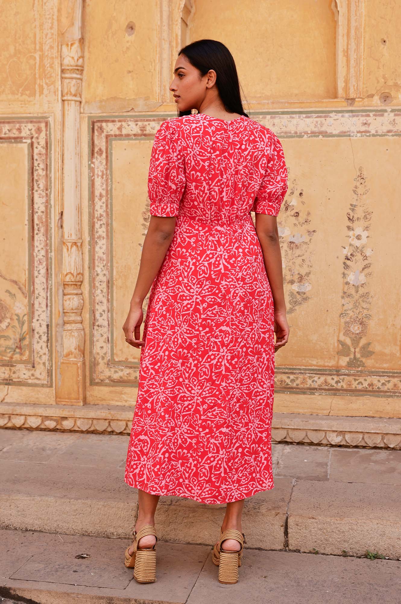 Anne Tea EcoVero™ Floral Dress - Spring Garden Red/Pink Flowy Midi Dress | Sustainable Viscose Dress for Women | Perfect for Garden Parties, Brunch Dates & Summer Weddings
