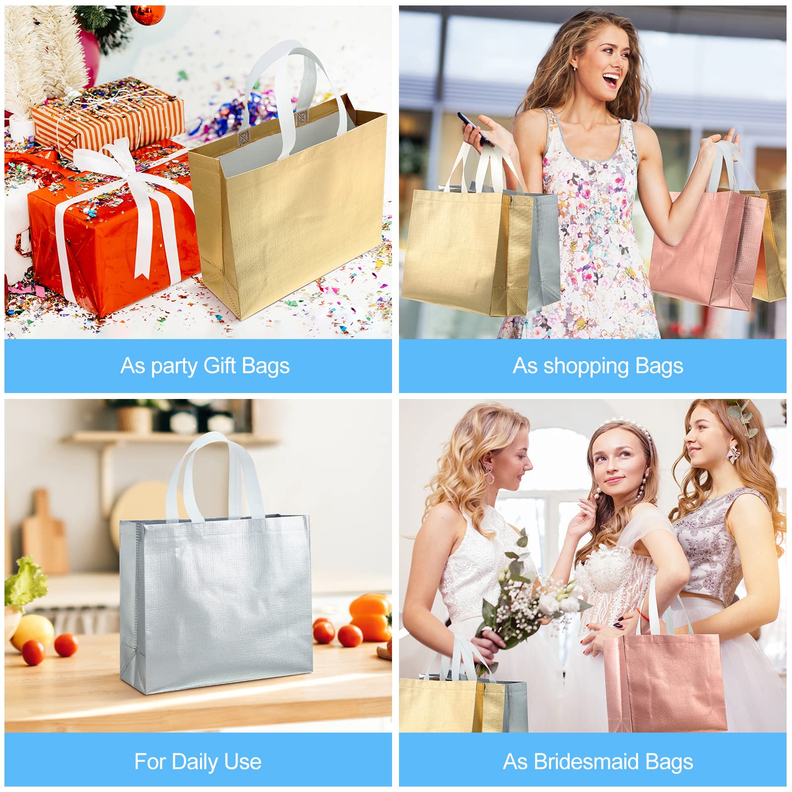 Eco-Friendly 60 Pack Reusable Tote Bags for Grocery Shopping - Premium Wedding Thank You Gift Bags for Bridesmaids (Gold, Rose Gold, Silver) - Perfect for Bridal Showers, Parties & Sustainable Shopping