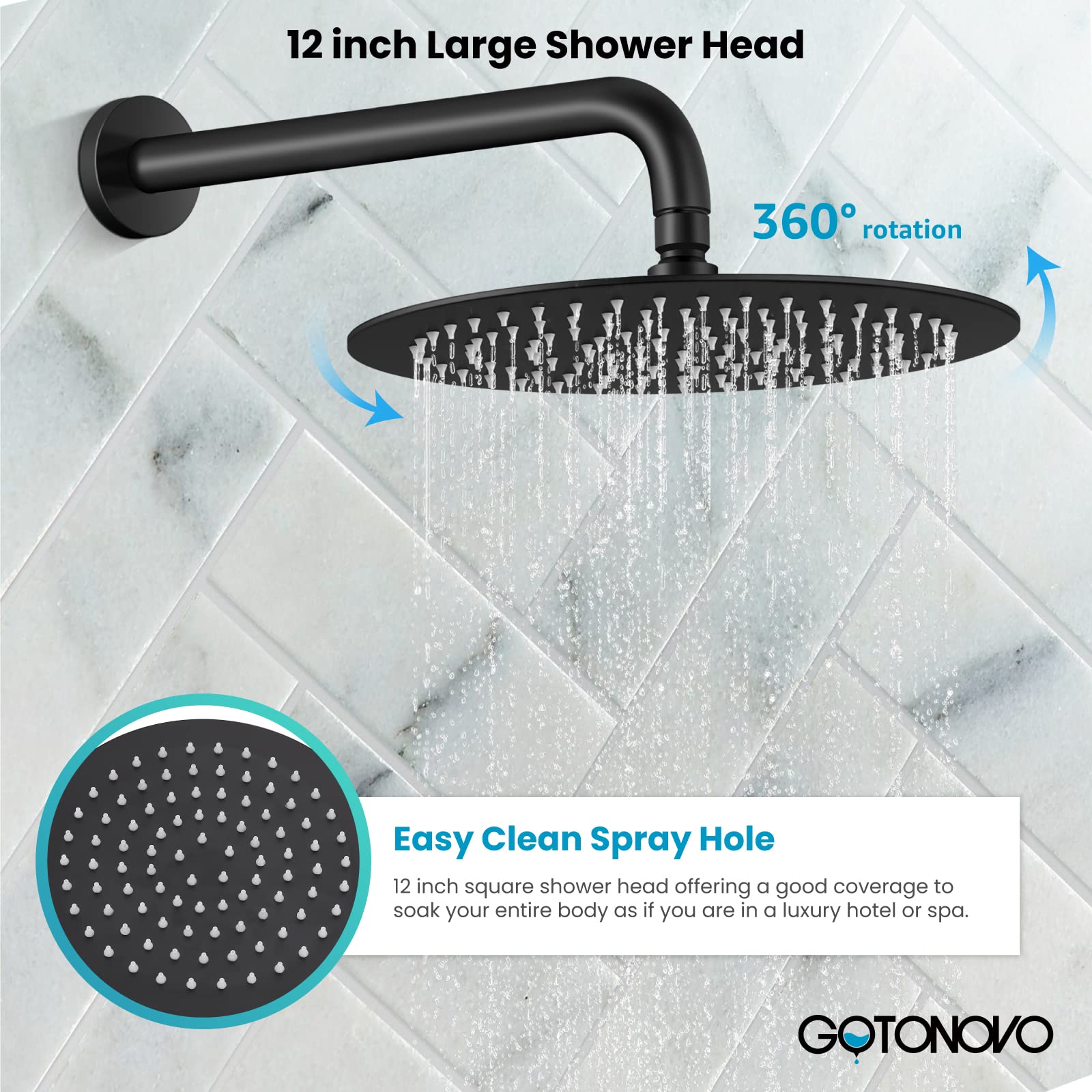 Gotonovo 12-Inch Round Rainfall Shower Faucet Set with 6 Body Jets - Matte Black Wall Mounted Luxury Shower Combo (Includes Rain Shower Head, Handheld Spray & Rough-in Valve) - Perfect for Spa-Like Bathroom Renovations & Modern Home Upgrades
