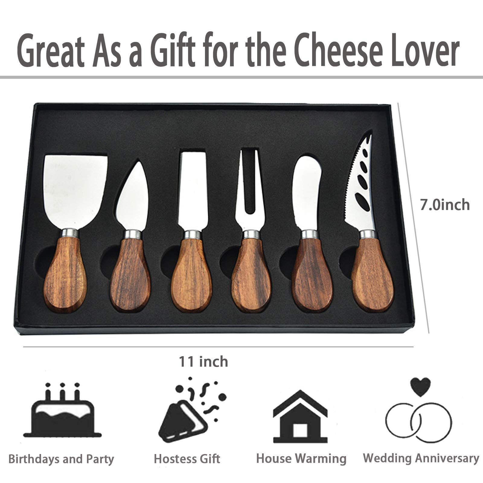 Premium 6-Piece Stainless Steel Cheese Knife Set with Slicer, Cutter & Fork - Perfect for Charcuterie Boards, Wine Pairings & Gourmet Cheese Tasting | Elegant Cutlery Gift Set for Cheese Lovers & Entertaining