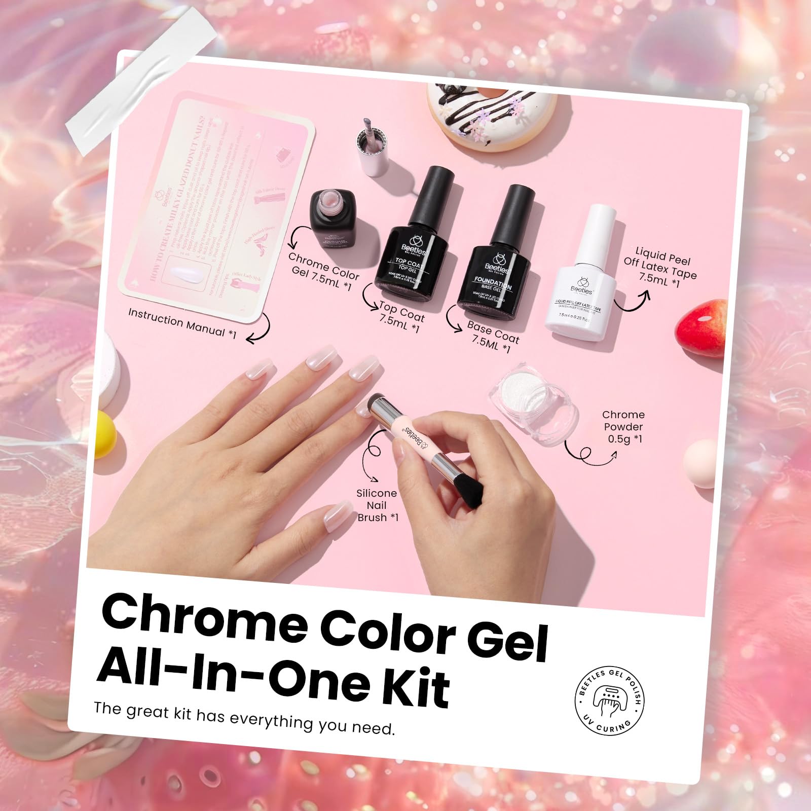 Beetles Pearl Chrome Nail Powder & Gel Polish Set - Mirror Glazed Donut Effect with Silicone Brush, Peel Off Latex Tape, Base & Top Coat | DIY Salon-Quality Manicure at Home for Parties, Weddings & Special Occasions