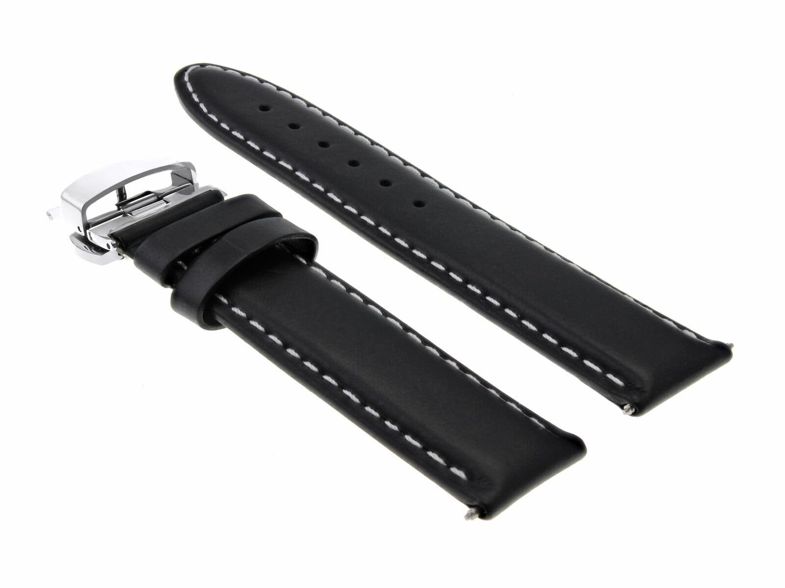 20mm Smooth Leather Watch Band Strap with Deployment Buckle - Compatible with Breitling Watches - Black Genuine Leather with White Stitching - Perfect for Business, Casual & Formal Occasions