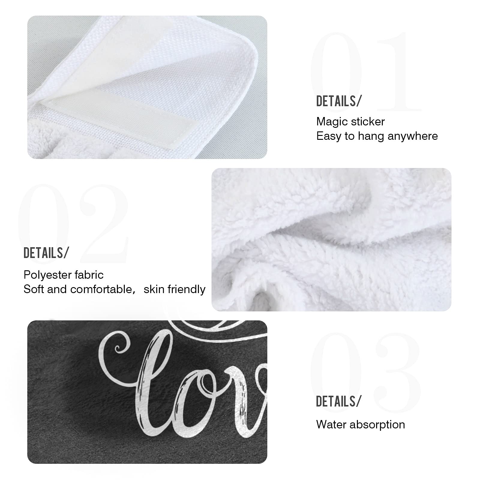 Black Heart Kitchen Hand Towels - 2 Pack Absorbent Hanging Towels with Loops for Bathroom & Kitchen Decor | Live Laugh Love Design | Perfect for Farmhouse, RV, and Home Use