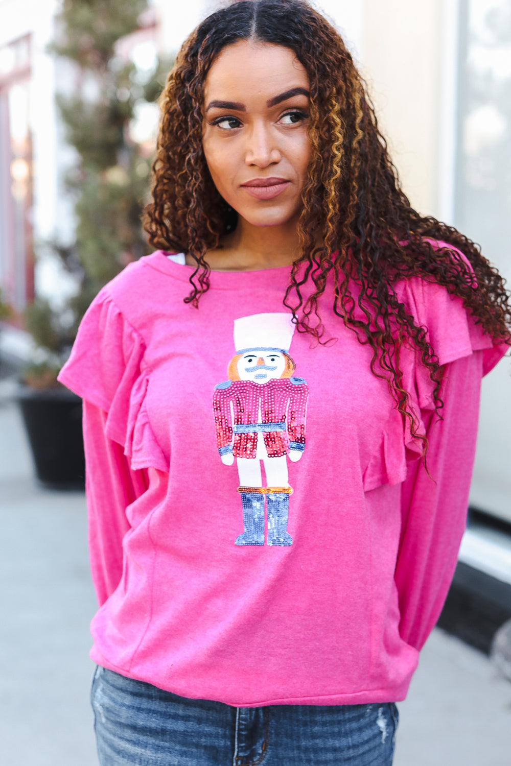 Festive Hot Pink Sequin Nutcracker Christmas Sweater with Ruffle Hacci Knit - Perfect for Holiday Parties, Ugly Sweater Contests & Winter Gatherings