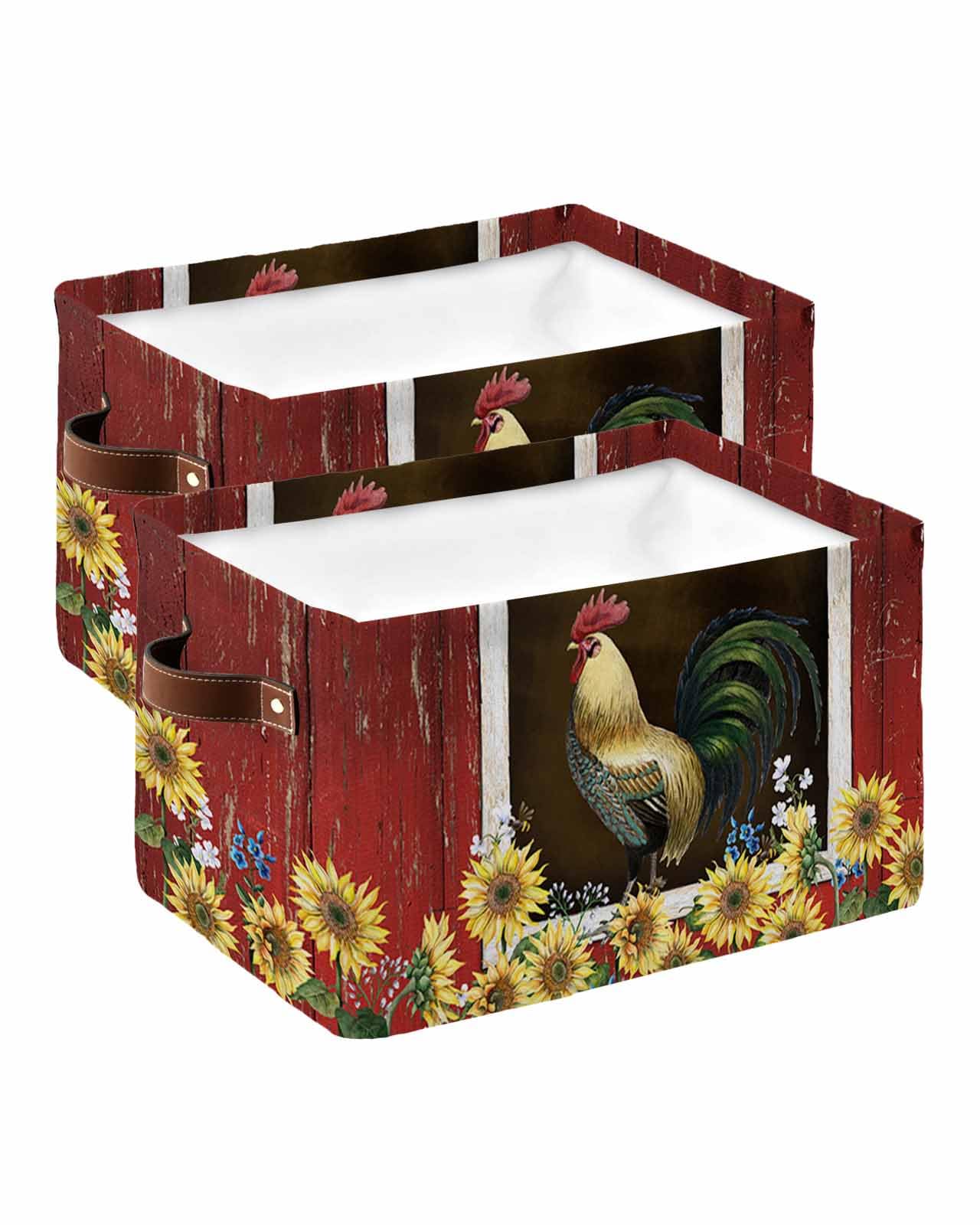 Large Collapsible Storage Bins with Handles - Farmhouse Sunflower Rooster Bee Design, Wooden Barn Style Storage Baskets & Cube Organizers for Shelves, Closet, Nursery (2-Pack) - Perfect for Home Organization, Kids' Room Decor & Farmhouse Style Storage Solutions
