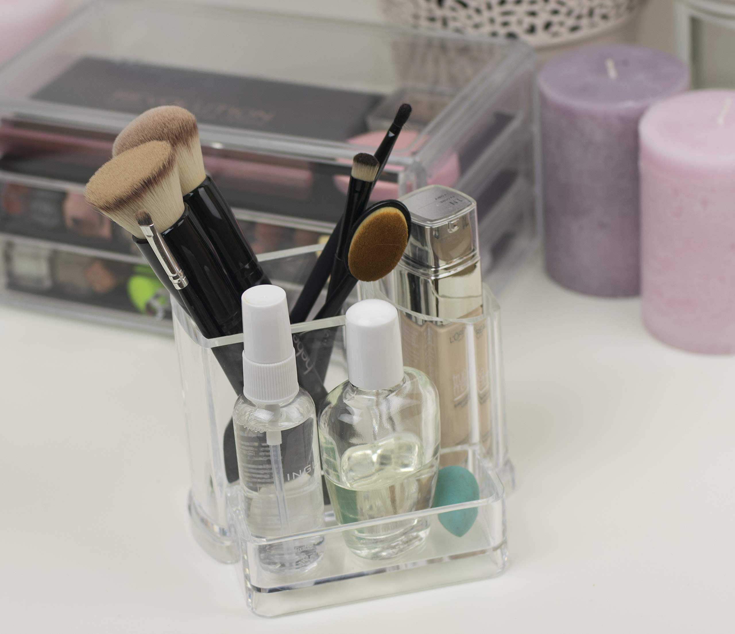 Clear 3-Compartment Bathroom & Office Organizer - Toothbrush Holder, Soap Dispenser, Makeup Brush & Lipstick Storage | Perfect for Vanity, Countertop, and Sink Organization
