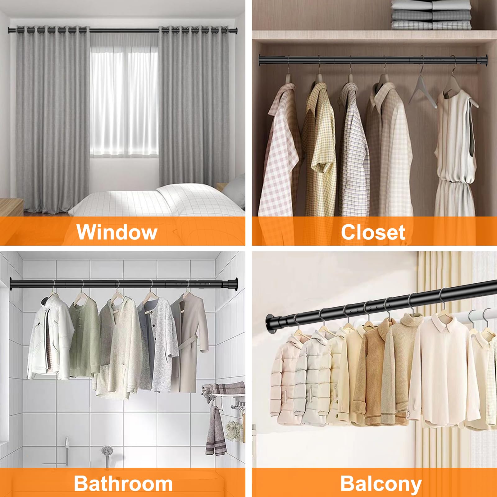 79-85 Inch Adjustable Heavy Duty Closet Rod - 100lb Load Bearing Black Metal Closet Pole for Hanging Clothes | Space Saving Wardrobe Organizer for Bedrooms, Walk-in Closets & Small Spaces