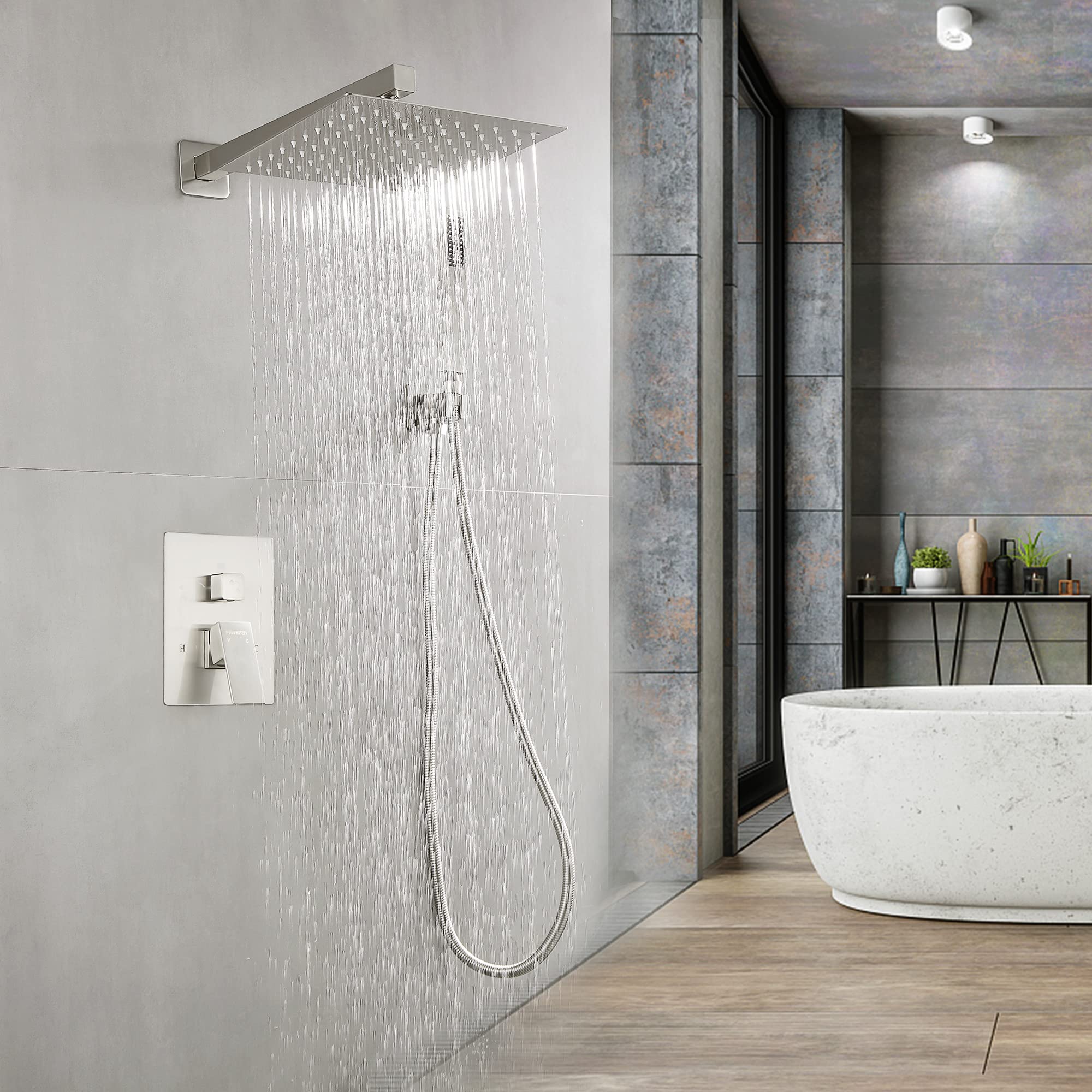 Fransiton 12 Inch Brushed Nickel Wall Mounted Rainfall Shower System Set with Handheld Shower Head - Complete Bathroom Shower Kit Including Valve for Luxurious Spa Experience at Home